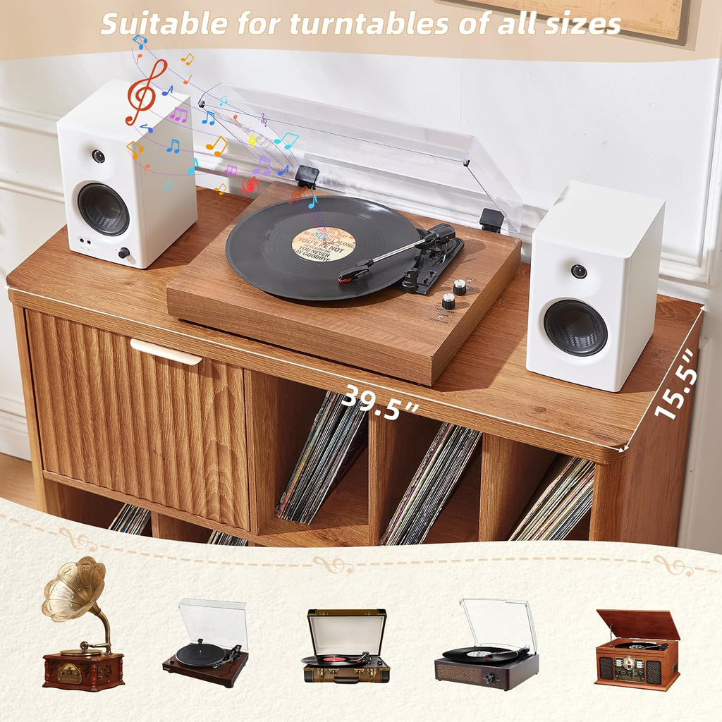 LEYAOYAO Large Record Player Stand with Vinyl Storage Up to 450 Albums, Wood Fluted Boho Record Storage Accent Cabinet, Modern Stereo Media Cabinets, Wide Turntable Stand for Living Room, Tea Brown