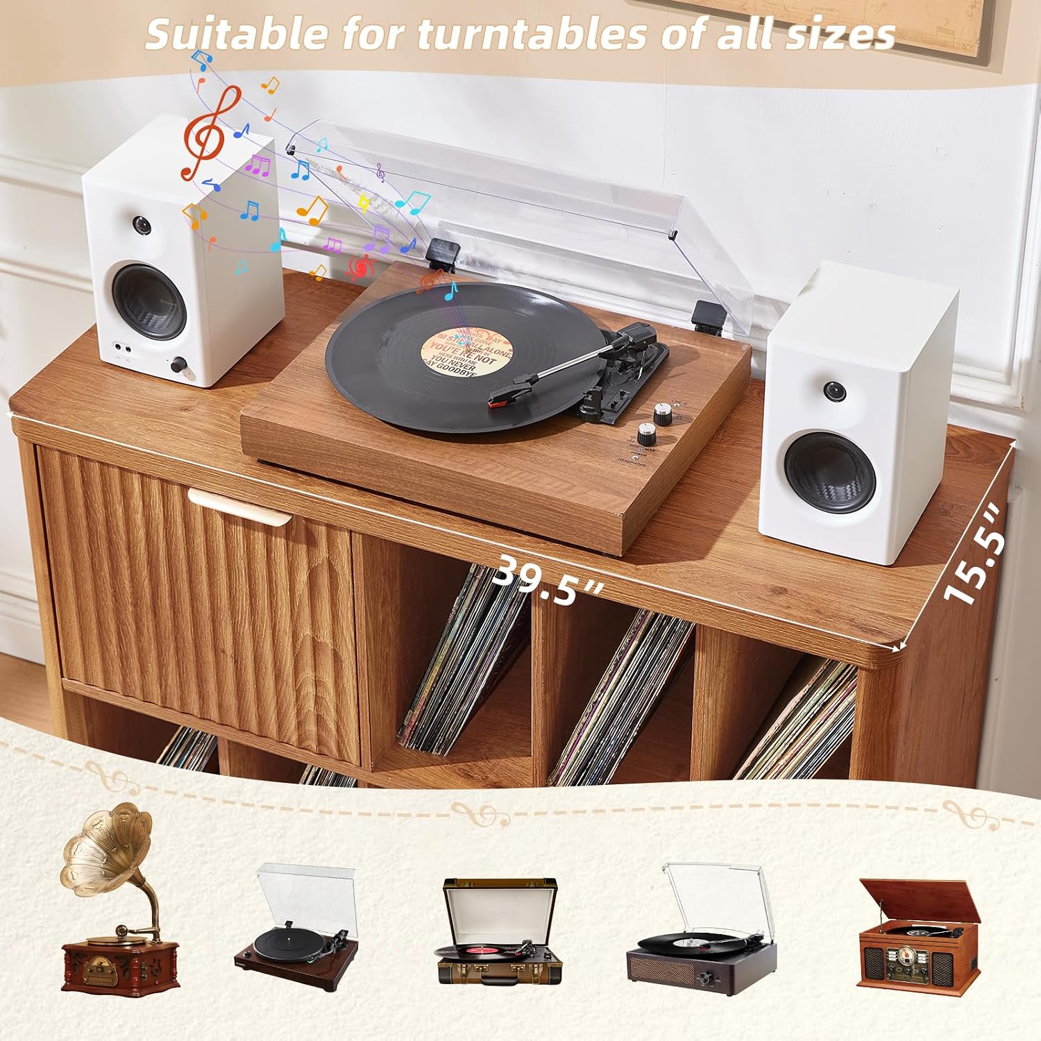 LEYAOYAO Large Record Player Stand with Vinyl Storage Up to 450 Albums, Wood Fluted Boho Record Storage Accent Cabinet, Modern Stereo Media Cabinets, Wide Turntable Stand for Living Room, Tea Brown