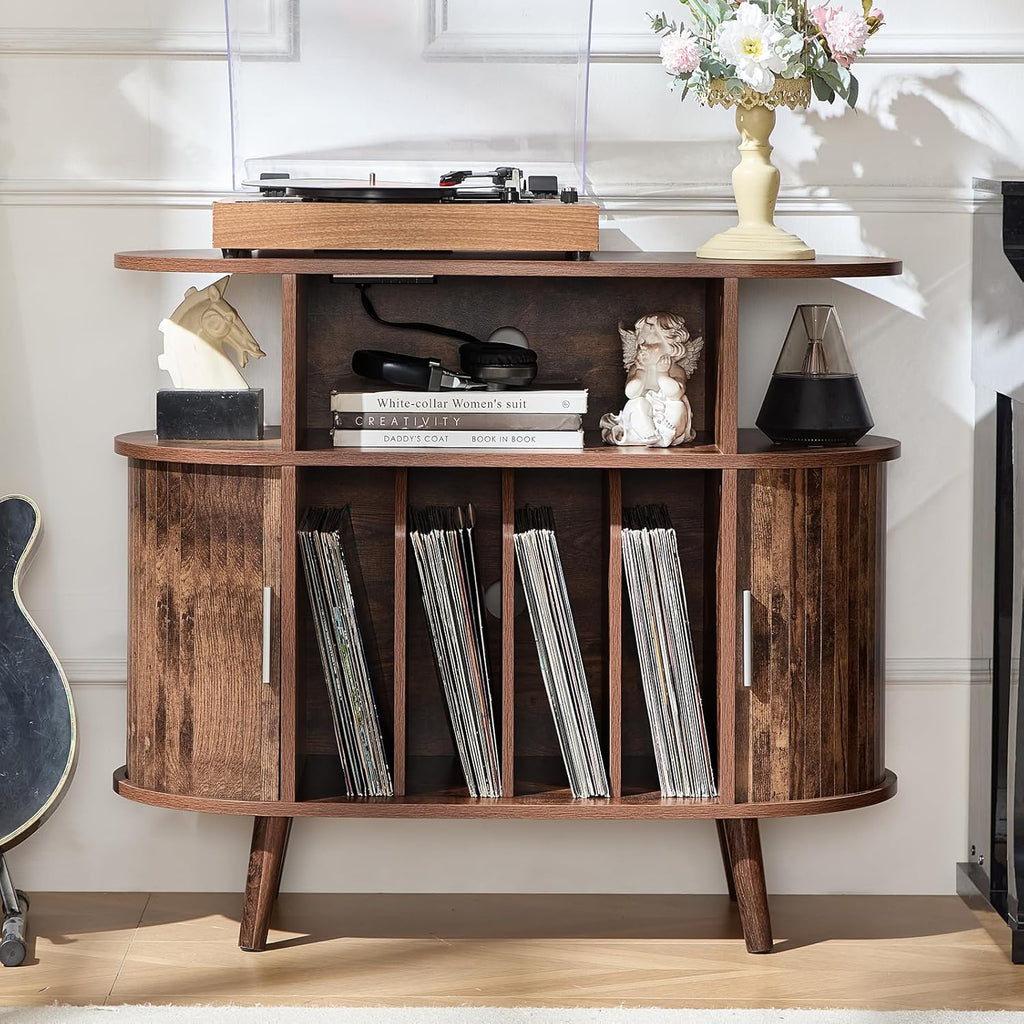 LELELINKY Large Round Record Player Stand with Charging Station & Fluted Panel, Brown Mid Century Modern Turntable Cabinet with Vinyl Storage, Arched Wood Record Player Table for Living Room