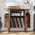 LELELINKY Large Round Record Player Stand with Charging Station & Fluted Panel, Brown Mid Century Modern Turntable Cabinet with Vinyl Storage, Arched Wood Record Player Table for Living Room