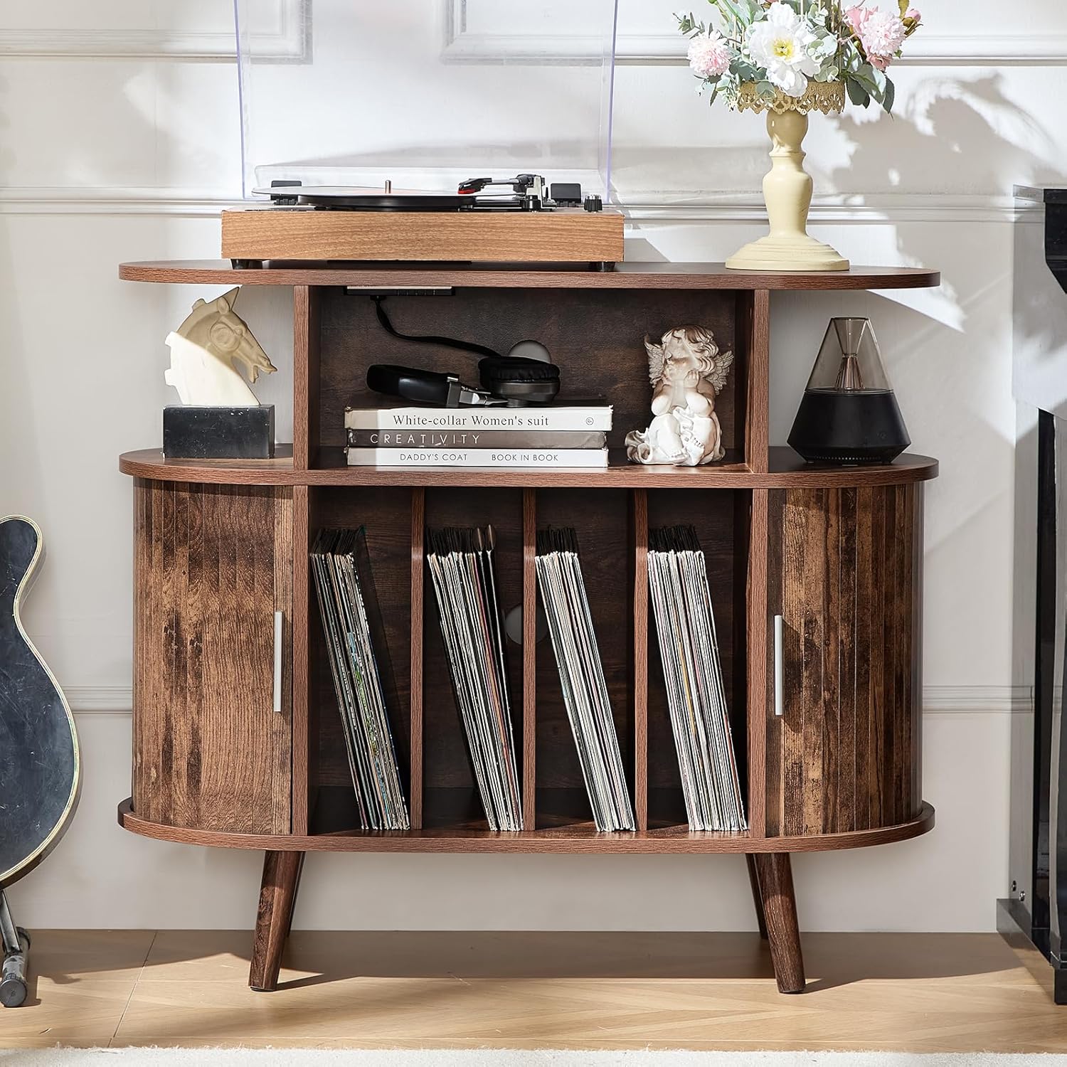 LELELINKY Large Round Record Player Stand with Charging Station & Fluted Panel, Brown Mid Century Modern Turntable Cabinet with Vinyl Storage, Arched Wood Record Player Table for Living Room