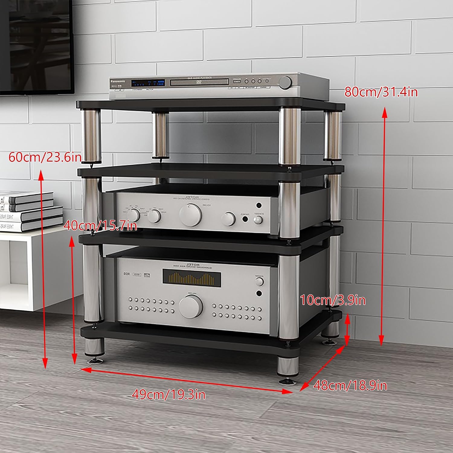 1-4 Tier Audio Rack Stand, Media Console, and Corner Entertainment Center, Corner TV Stand, and Audio Stand, for AV Equipment, Stereo Cabinet, and Gaming Shelves(Black,49x48x60cm)