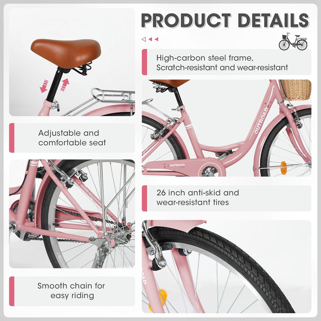 Outroad Beach Cruiser Bike, 24/26 inch Commuter Bicycle for Adult and Women,High-Carbon Steel Comfortable City Bikes with Rear Rack and Basket, (Black/Pink/White/Green/Purple)