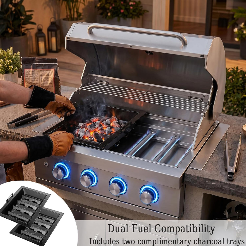 28-inch Built-in Gas Grill, 4 Burner Propane Gas Grill 48,400 BTU, 304 Stainless Steel, Charcoal and Propane Gas Dual Fuel for Patio Backyard Parties Barbecue