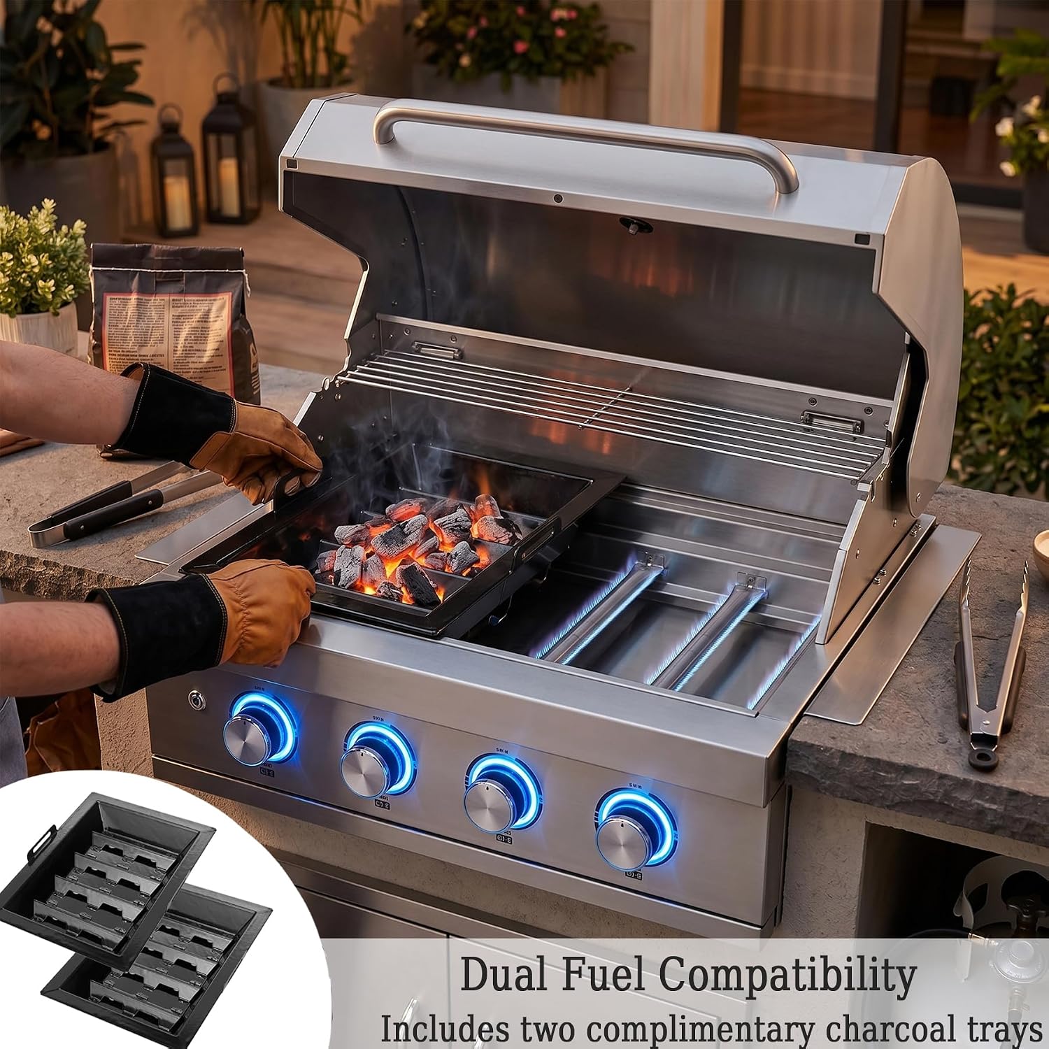 28-inch Built-in Gas Grill, 4 Burner Propane Gas Grill 48,400 BTU, 304 Stainless Steel, Charcoal and Propane Gas Dual Fuel for Patio Backyard Parties Barbecue
