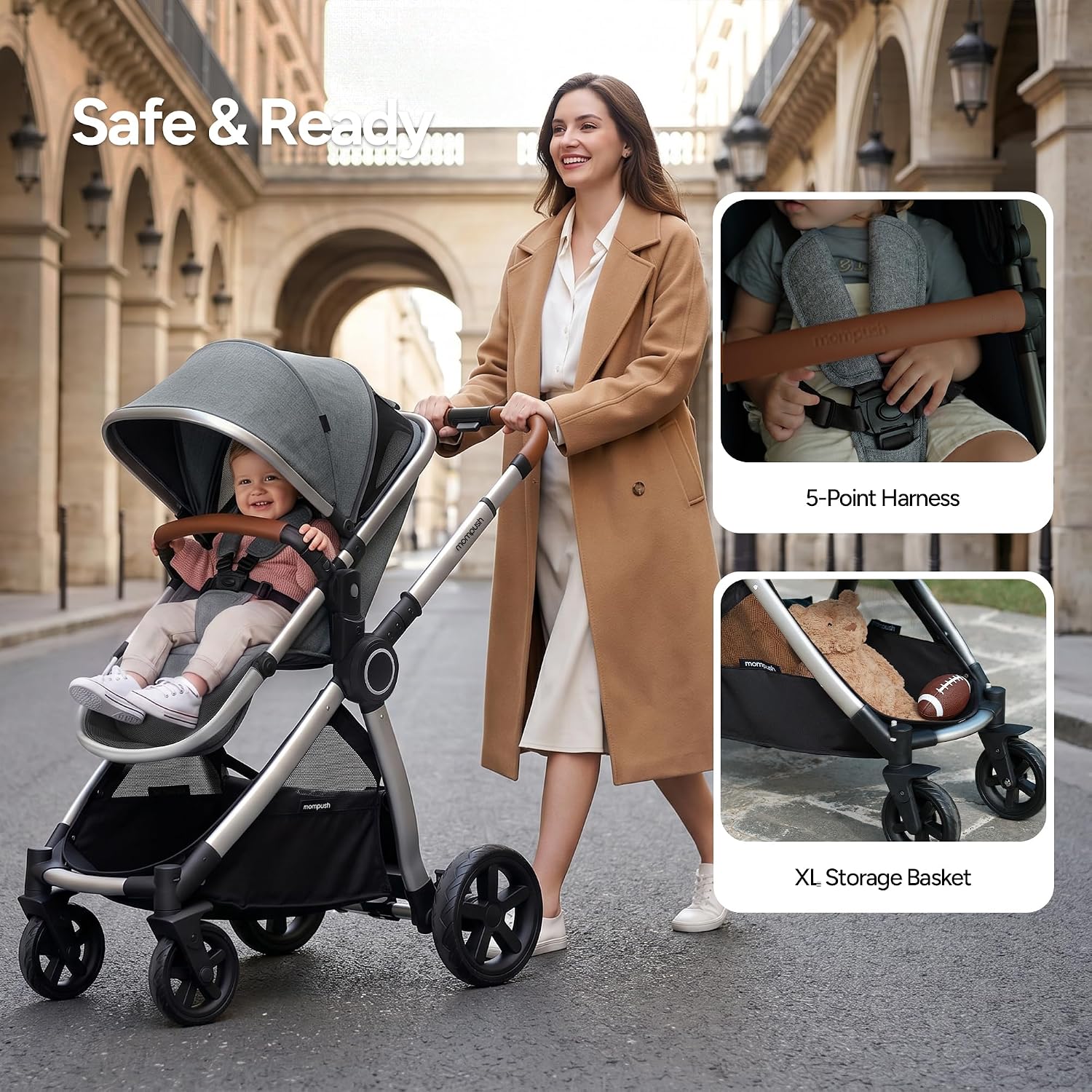 Mompush Ultimate2 Baby Stroller, Premium Convertible Full-Size Stroller for Toddler, Reversible Seat with One Hand Recline Adjustment, Car Seat Adapter Included