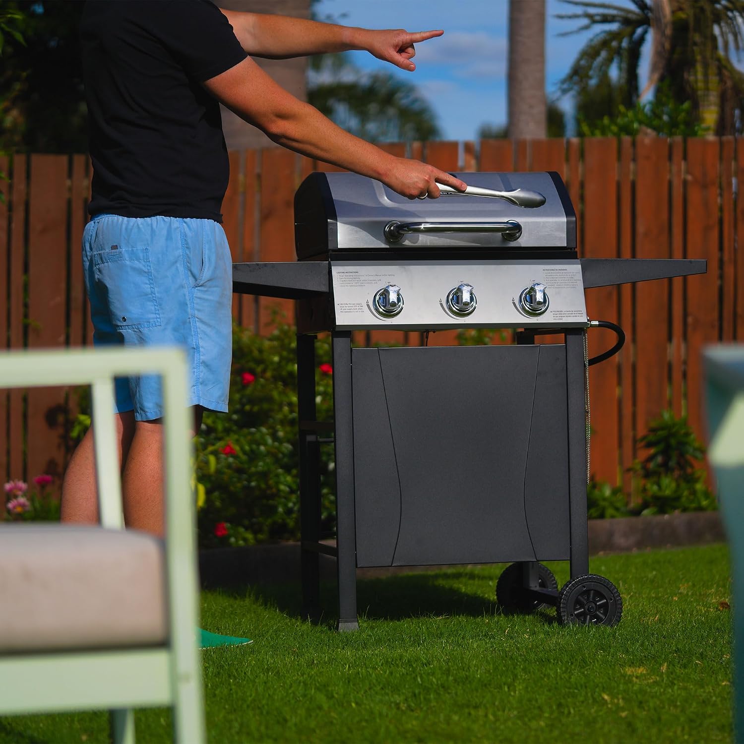 Grill Boss 3 Burner Propane Gas Grill, Portable BBQ w/Lid, Wheels & Side Shelves, Black - Grilling Accessories and Equipment for Camping, Tailgating, Outdoor Barbecue and Cooking