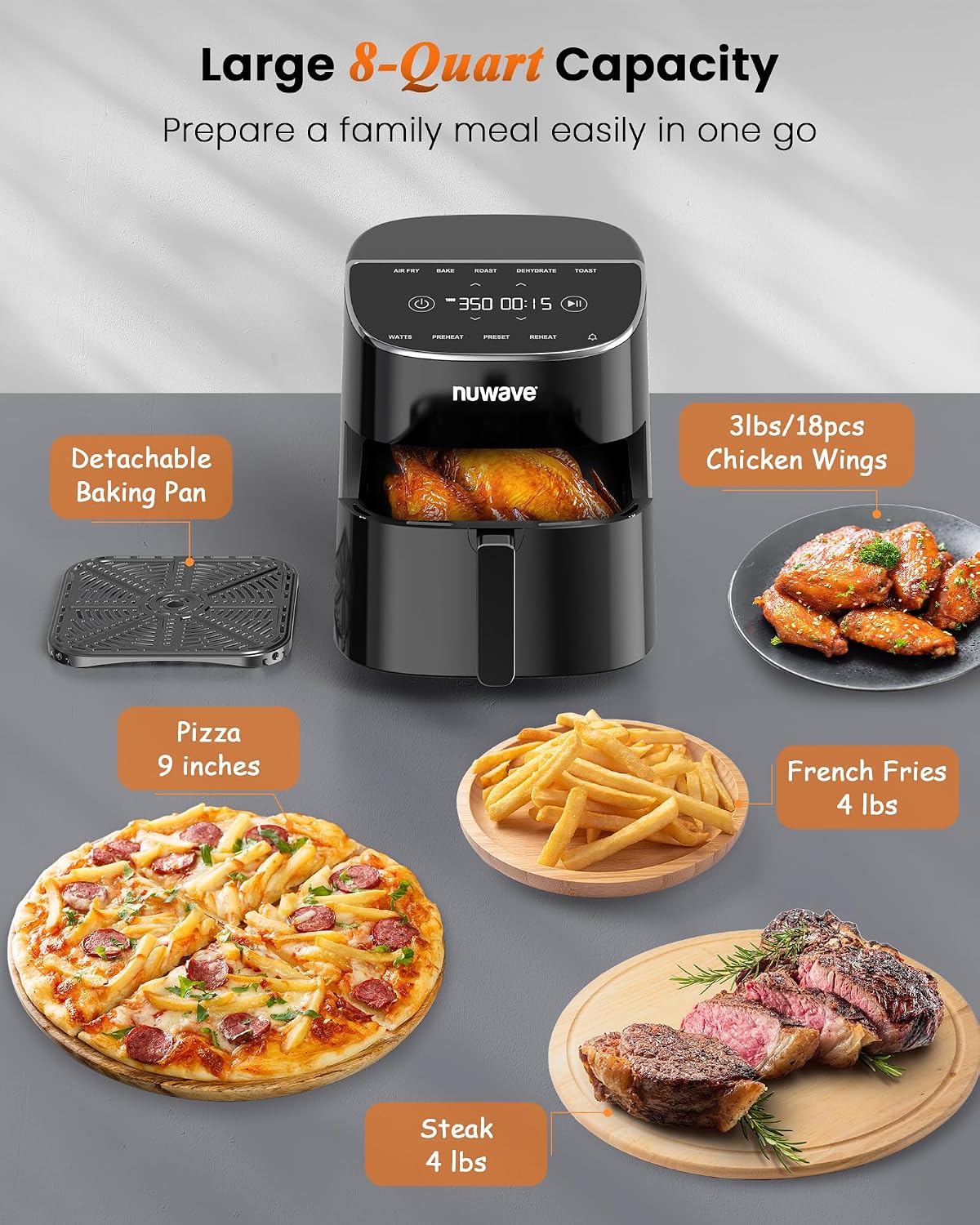 Nuwave Brio Plus Air Fryer 8 Qt, New & Improved, PFAS-FREE, 7 Digital One-Touch Cook Functions that AIR FRY, BAKE, ROAST, DEHYDRATE, TOAST, REHEAT, PREHEAT, 150 Presets, 50°F~400°F (Black)