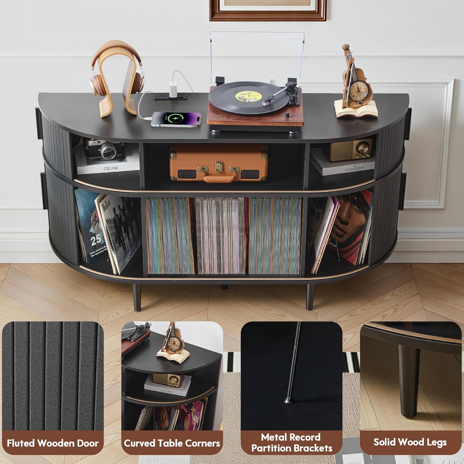 Large Record Player Stand, 55'' Wood Vinyl Record Storage Cabinet with Charging Station & USB Ports, Curved Turntable Table Open Shelf Holder Up to 300 Albums for Living Room(Black)
