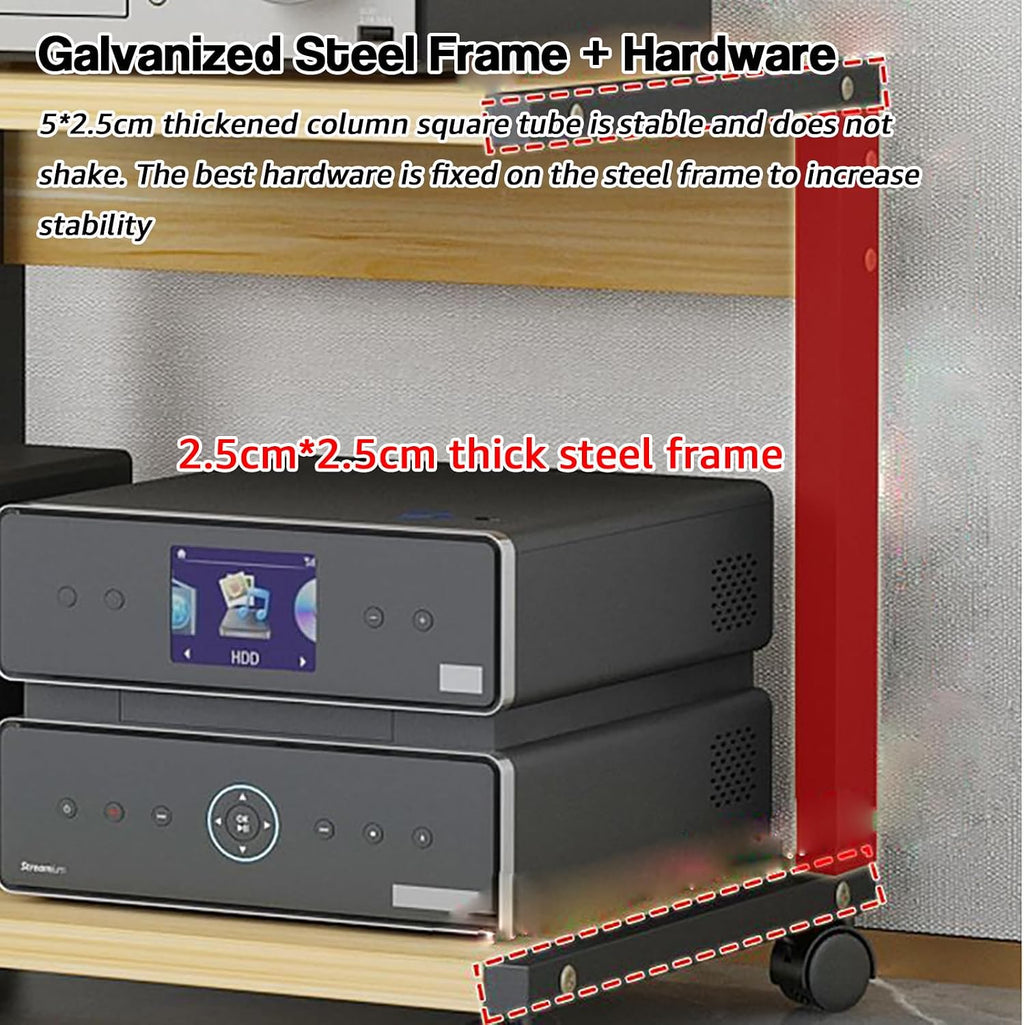 2-Tier AV Media Stand Audio Rack Tower Stereo Cabinet, Audio-Video Shelving with Wheels, Game Console Entertainment Shelf for TV/DVD/CD Record Player,C,20×16×12in/50×40×30cm