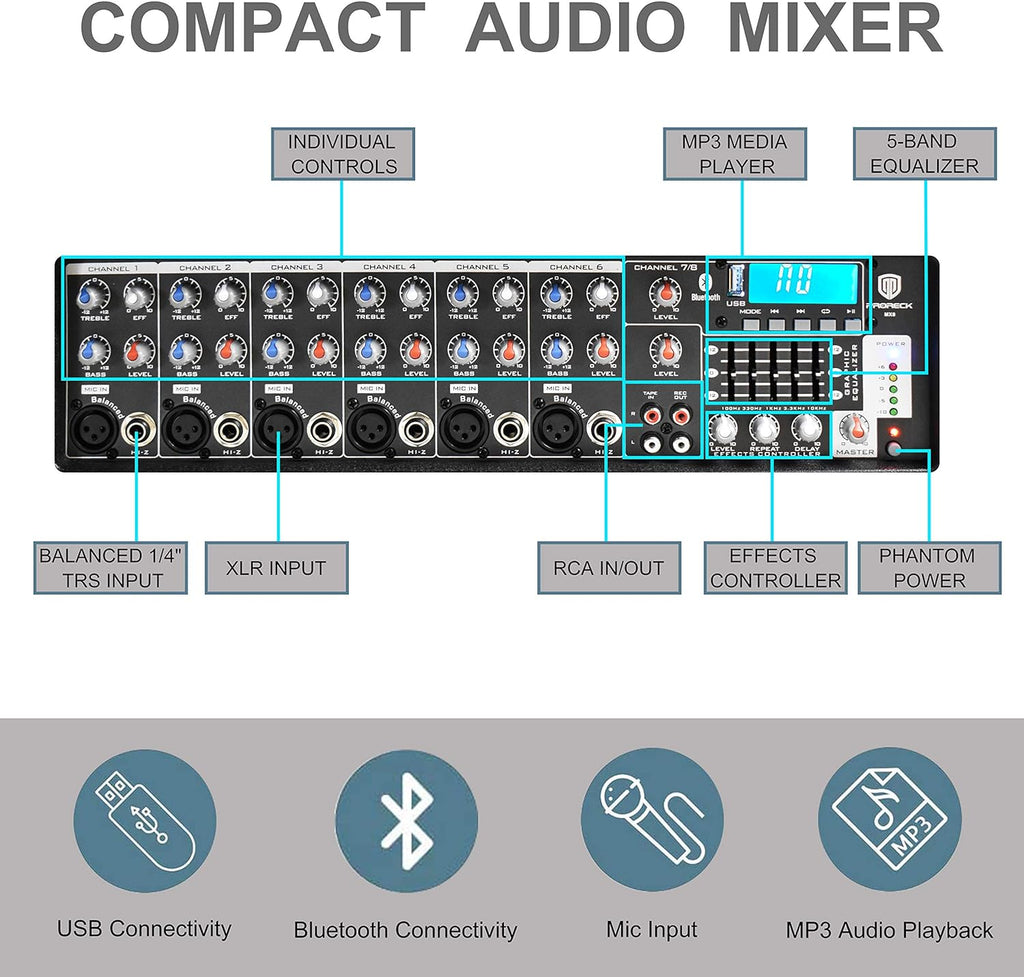 PRORECK MX15 15inch 2500W Bluetooth Powered PA System Mixer/Amp with Stands/Mic Effect Controller 48V Phantom Power, Audio Interface