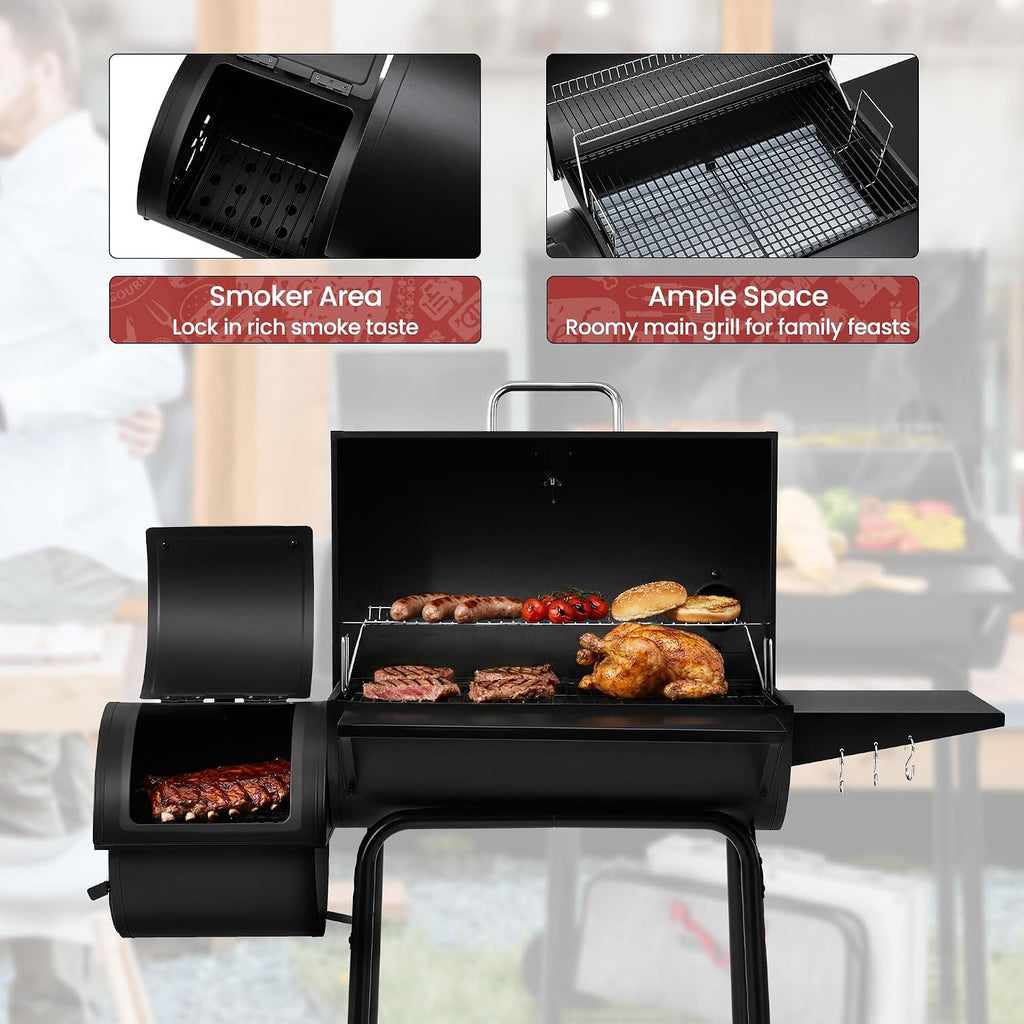 Royal Gourmet CC1830S BBQ Charcoal Grill and Offset Smoker | 823 Square Inch cooking surface, Outdoor for Camping | Black