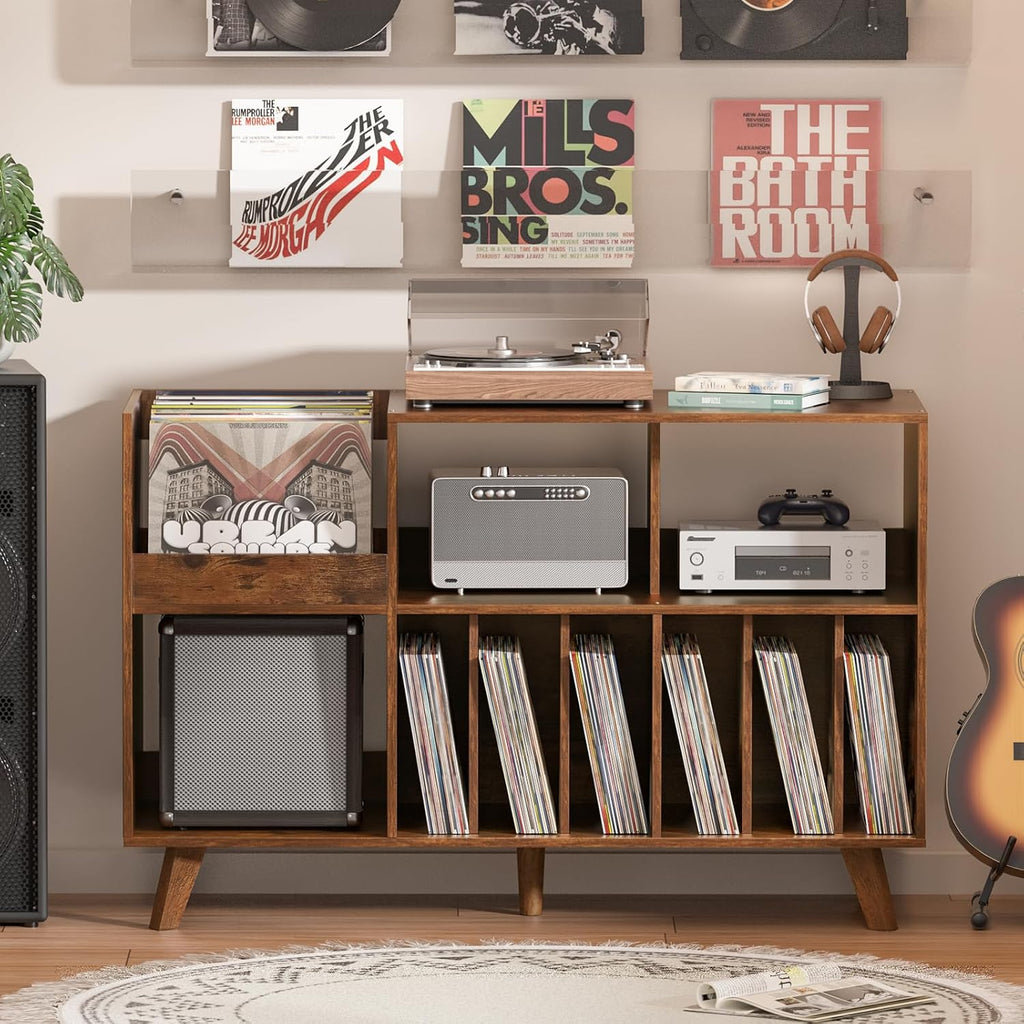 LELELINKY Large 48'' Record Player Stand with Storage, Vinyl Record Storage Holder with Display Area, Turntable Stand Record Player Table Holds Up to 450 Albums,Record Stand for Music Room Living Room