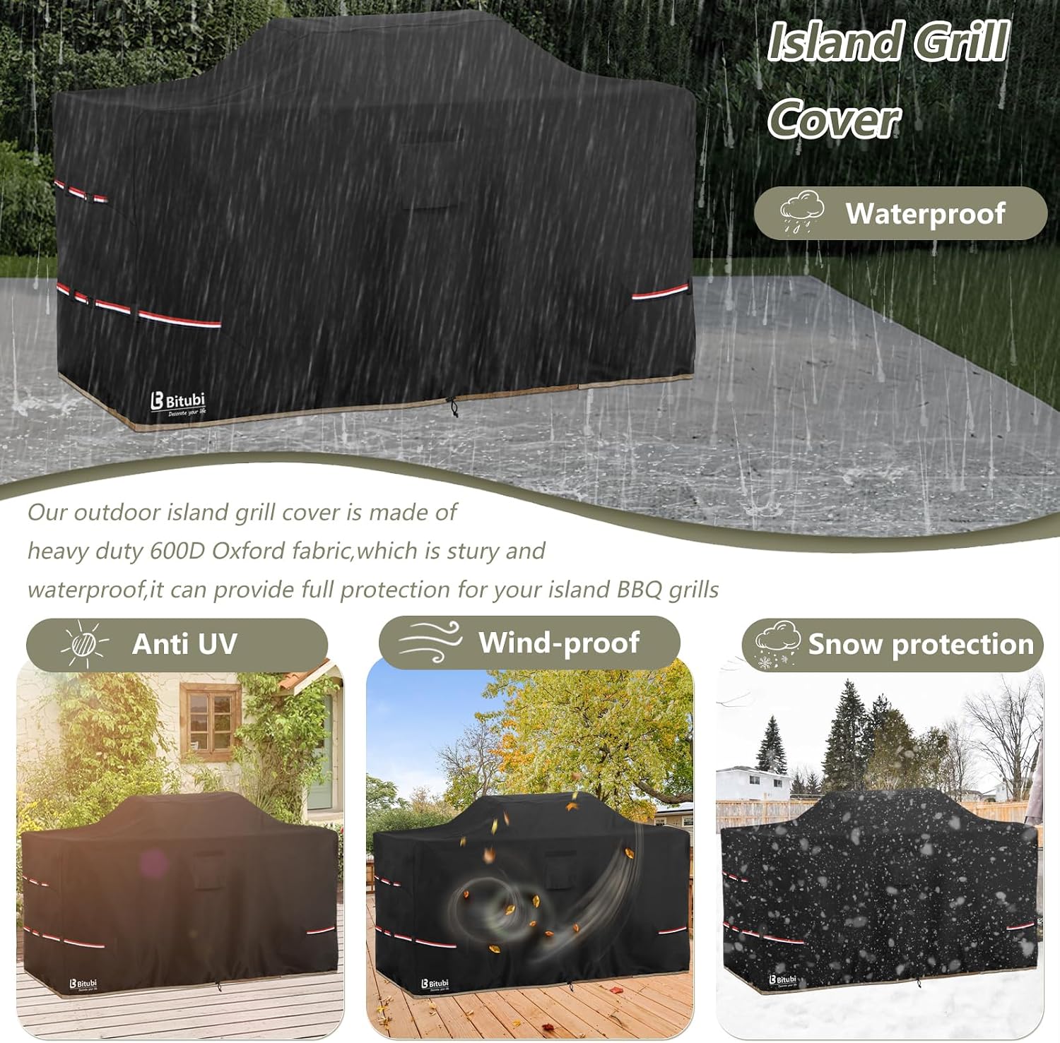 Bitubi 110 Inch Island Grill Cover - 600D Heavy Duty Waterproof All Weather Protection Extra Large Grill Cover,Black