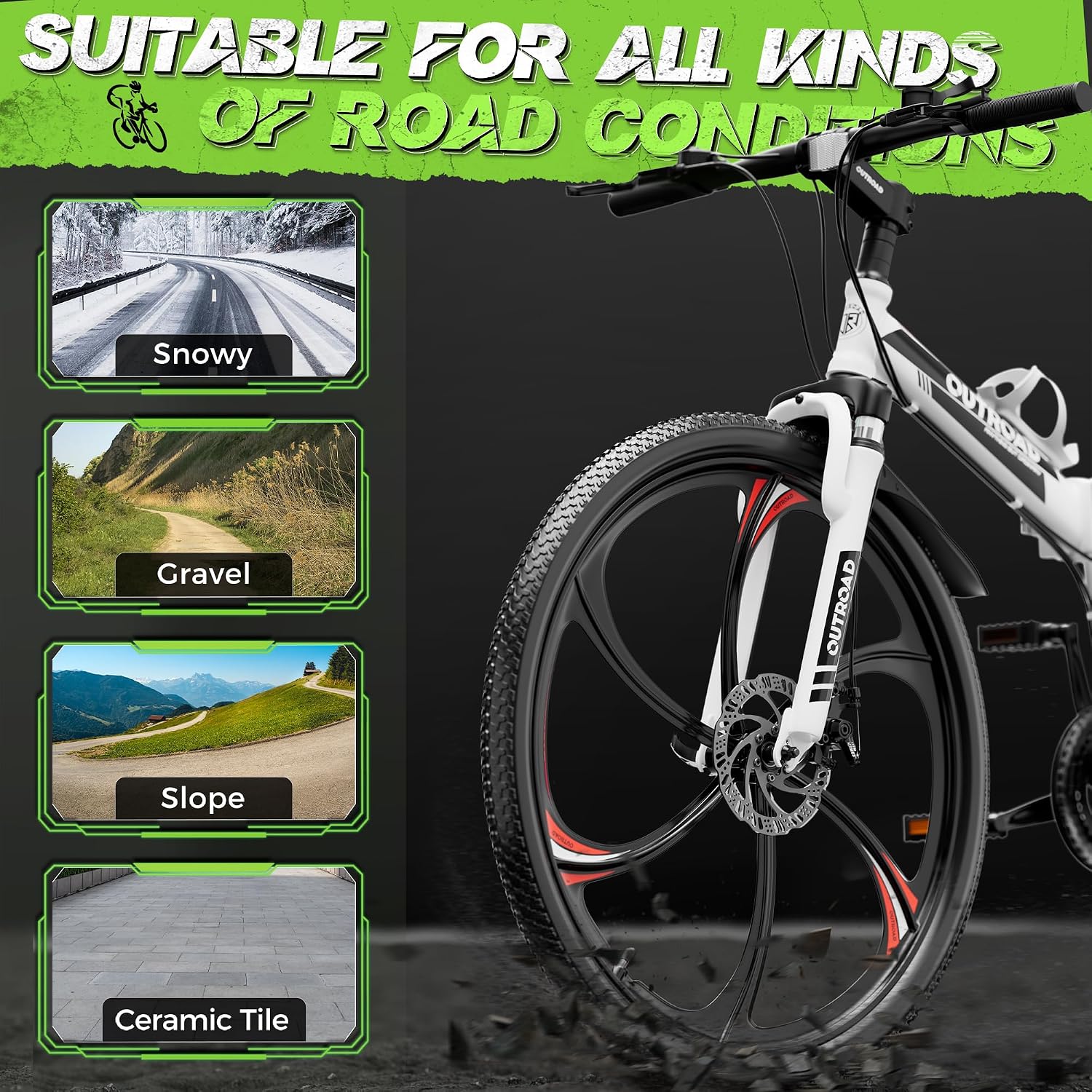 Outroad 26 Inch Folding Mountain Bike, 21 Speed Full Suspension High-Carbon Steel MTB Foldable Bicycle, Dual Disc Brake Non-Slip Folding Bikes for Adults/Men/Women, Black, Orange and Green