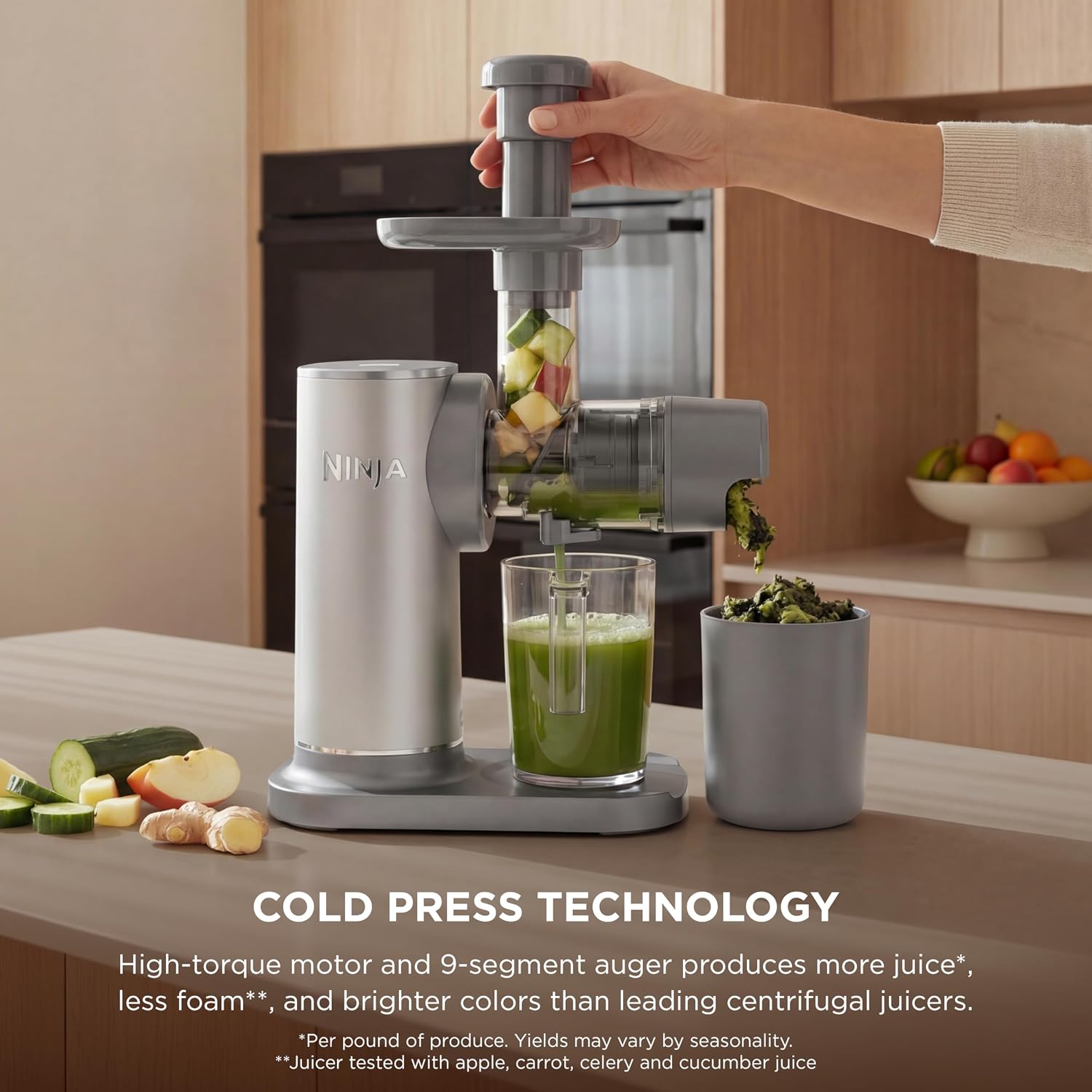 Ninja NeverClog Cold Press Juicer | Powerful Electric Slow Masticating Juicer with Pulp Control | XL Capacity | 24 oz. Juice Jug & 36 oz. Pulp Container | Dishwasher Safe | Gray | 150W | JC151SL