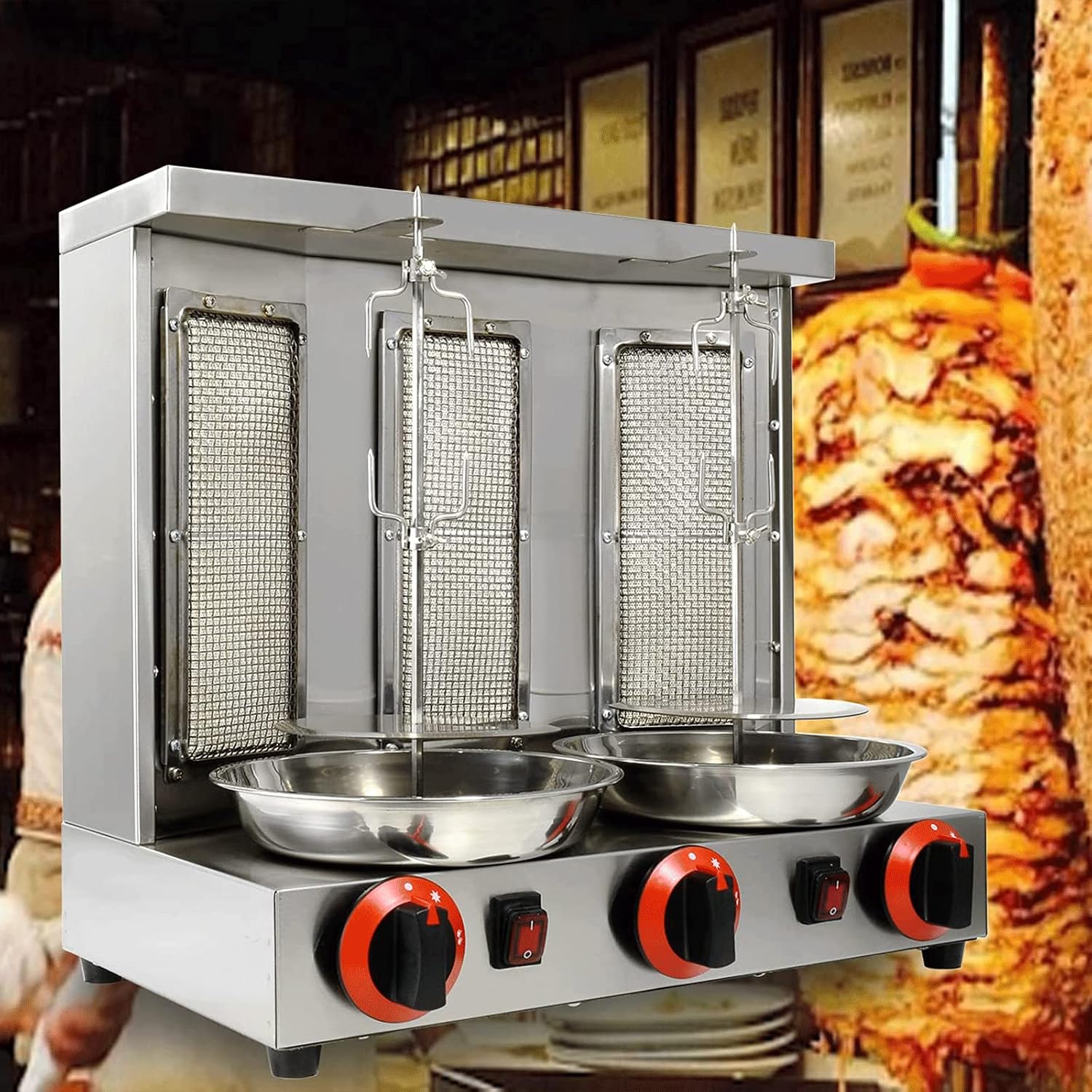 Shawarma Machine 3 Burners Kebab Grill Vertical Rotisserie with 2 Auto Spinning spits for Meat Rotisserie, Chicken Roast, Silver