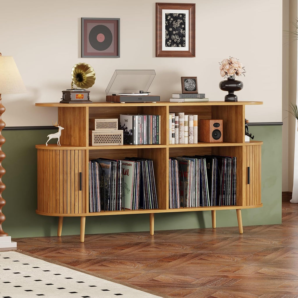 55.1' Wide Record Player Stand with Storage - Vinyl Record Storage Cabinet & Media Console Holds 300+ Records, Mid Century Modern Turntable Stand for Living Room (Natural, 55.1')