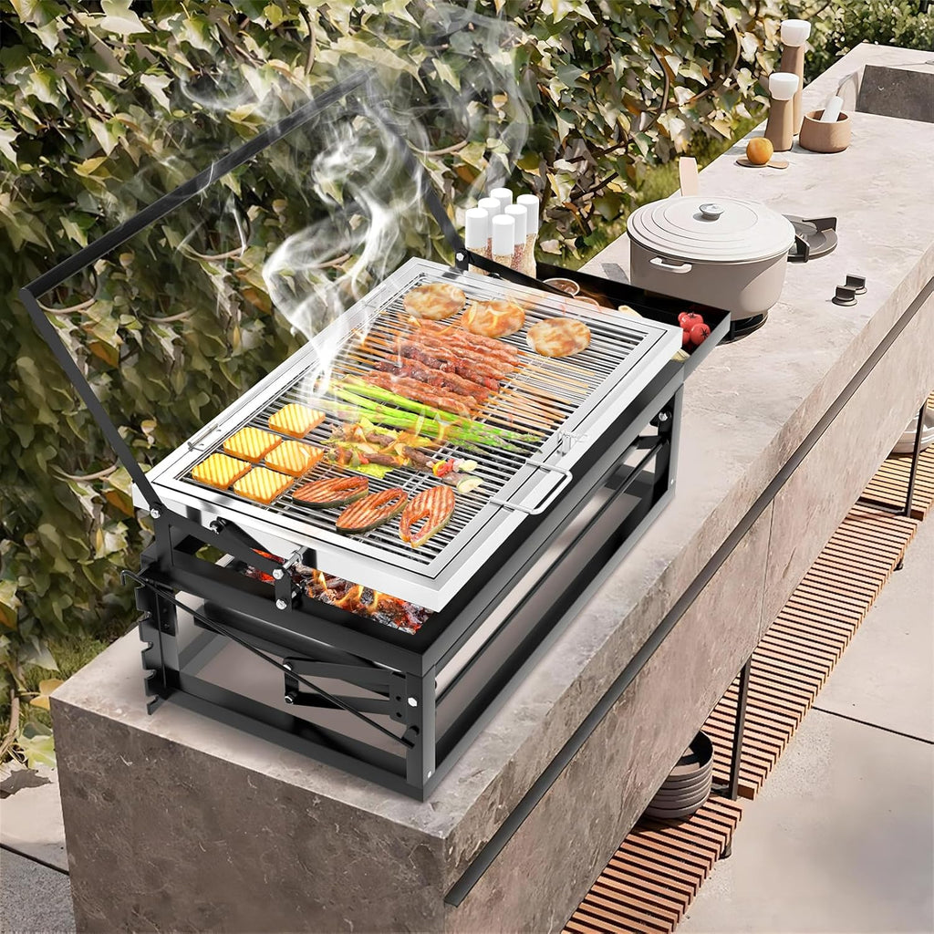 Charcoal Flip Grill for BBQ, Black Barbecue Grills for Outdoor Camping, Portable Tabletop Charcoal Grill with 360 Degrees Reversible Cooking Grid Removable Tray Adjustable Steel Frame,