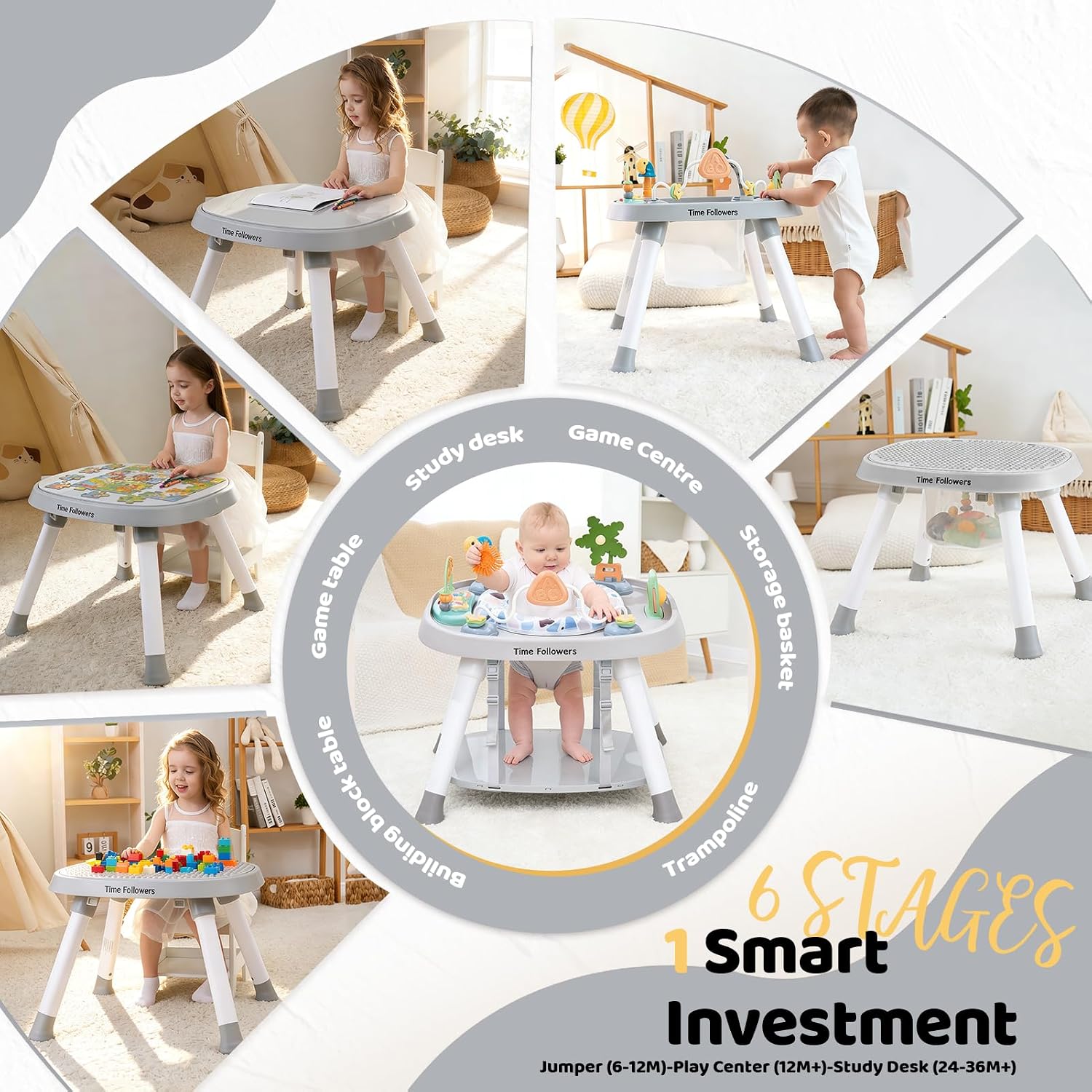 Time Followers® 6-in-1 Baby Activity Center | 4 Stage Montessori-Inspired Toys | Grow Stationary Standing Toddler Table | Jumpers & Bouncers | Must Have for Boy & Girl 6, 12, 24+ Month Old (Grey)