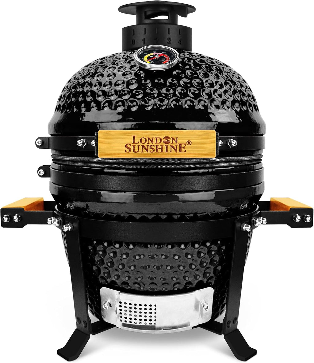 Upgraded 13 inch Ceramic Kamado Grill with Waterproof Air Vent Cap | Portable Tabletop Charcoal BBQ Grill Smoker for Outdoor Cooking, Patio, Camping | Black