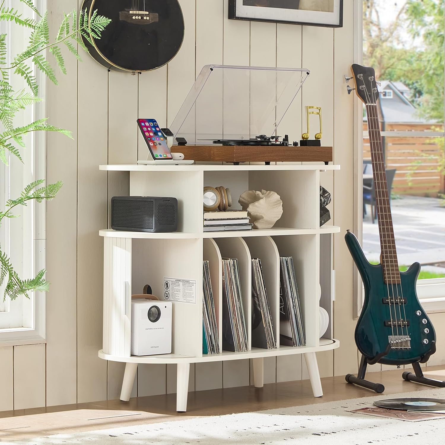 LELELINKY Large Round Record Player Stand with Charging Station & Fluted Display Shelf, White Mid Century Modern Turntable Cabinet with Vinyl Storage, Arched Wood Record Player Table for Living Room