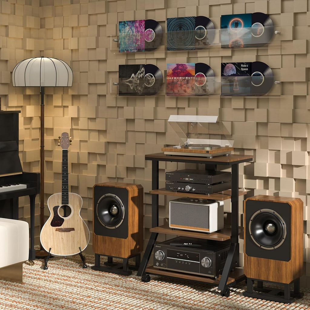 Rfiver 4-Tier AV Media Stand with Wheels, Mobile Rack Audio Tower with Height Adjustable Shelves, Wooden Stereo Racks and Stands, Stereo Stand for Record Player, TV Box, Corner Entertainment Center