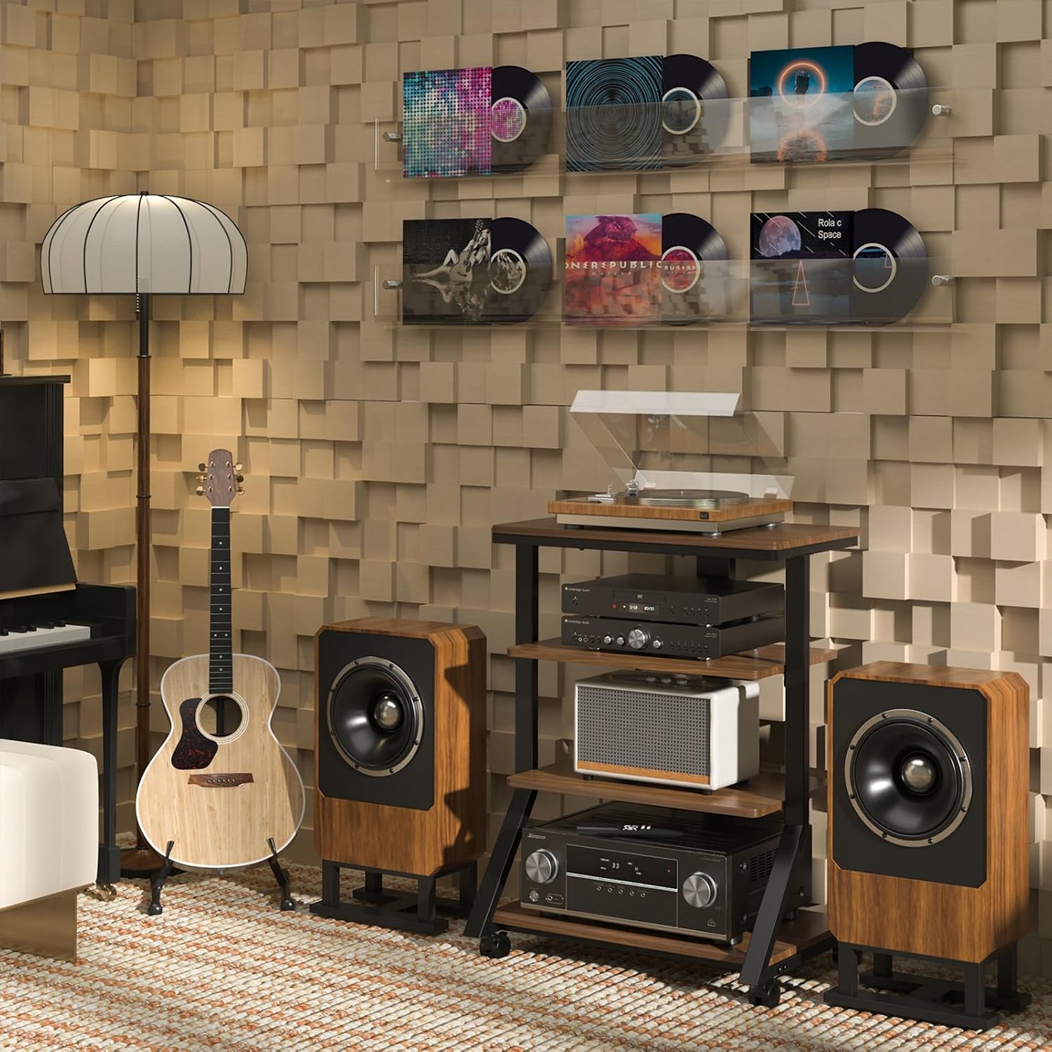 Rfiver 4-Tier AV Media Stand with Wheels, Mobile Rack Audio Tower with Height Adjustable Shelves, Wooden Stereo Racks and Stands, Stereo Stand for Record Player, TV Box, Corner Entertainment Center