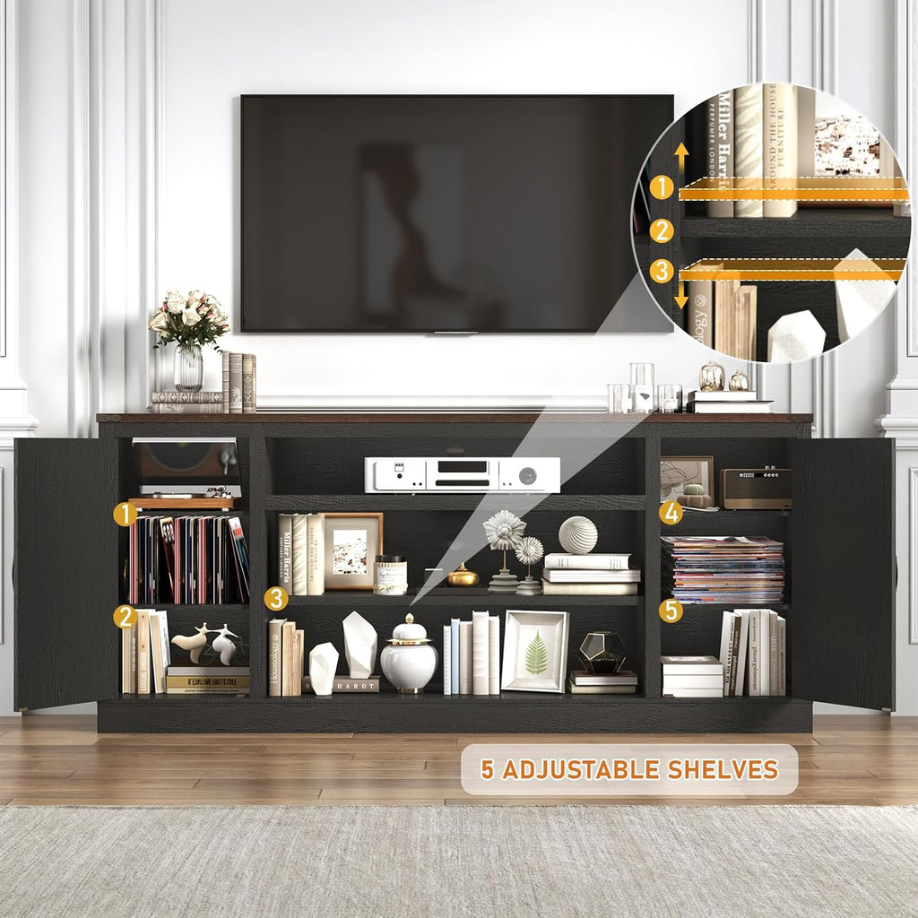Hlivelood 75' Farmhouse TV Stand with Power Outlets for 85 Inch TVs, 33' Tall Entertainment Center with Storage Cabinets w/Adjustable Shelves, Rustic Large TV Media Console, Black