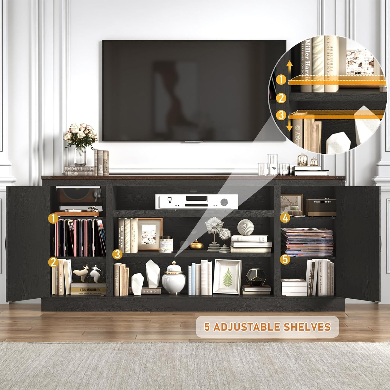 Hlivelood 75' Farmhouse TV Stand with Power Outlets for 85 Inch TVs, 33' Tall Entertainment Center with Storage Cabinets w/Adjustable Shelves, Rustic Large TV Media Console, Black