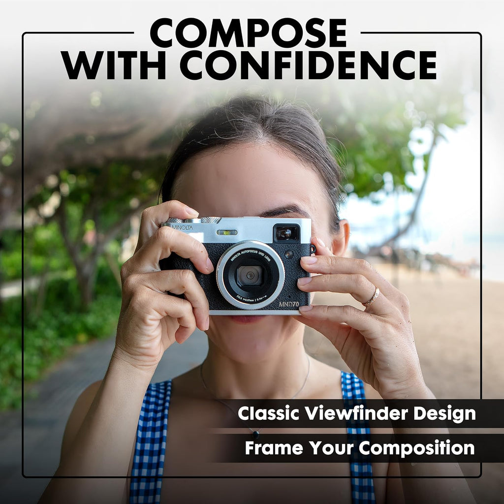 Minolta Retro Digital Camera – 48MP Autofocus Compact with 5K Ultra HD Video, Rear Selfie Lens, 16x Zoom, WiFi, 2.8-inch LCD Screen, Digital Stabilization, Optical Viewfinder, 32GB Card (Silver)