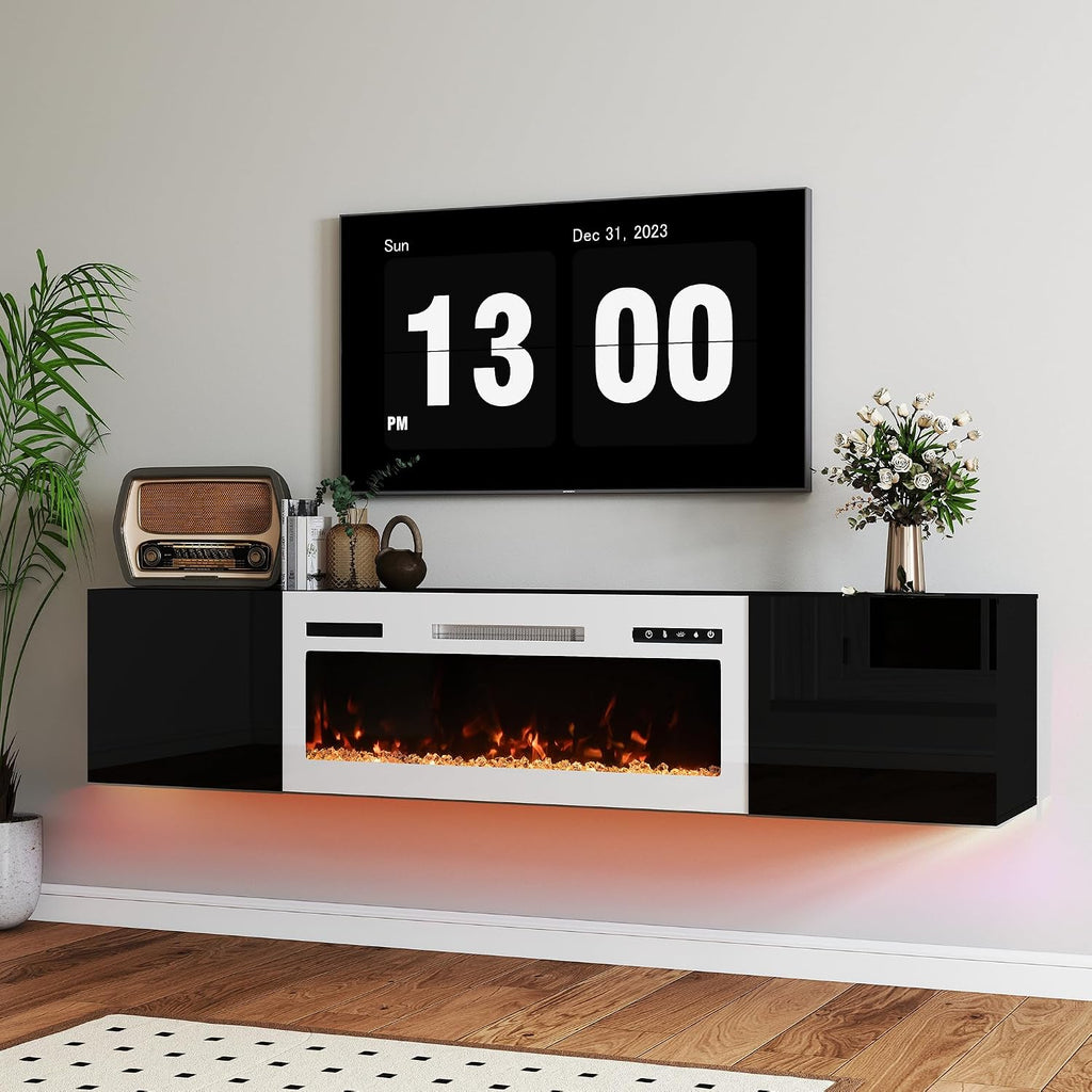 Real Relax 70' Floating TV Stand with 36' Electric Fireplace, Wall Mounted Entertainment Center with Storage, Remote Control, Modern LED Lights Fireplace TV Console for TVs Up to 80', Black/White