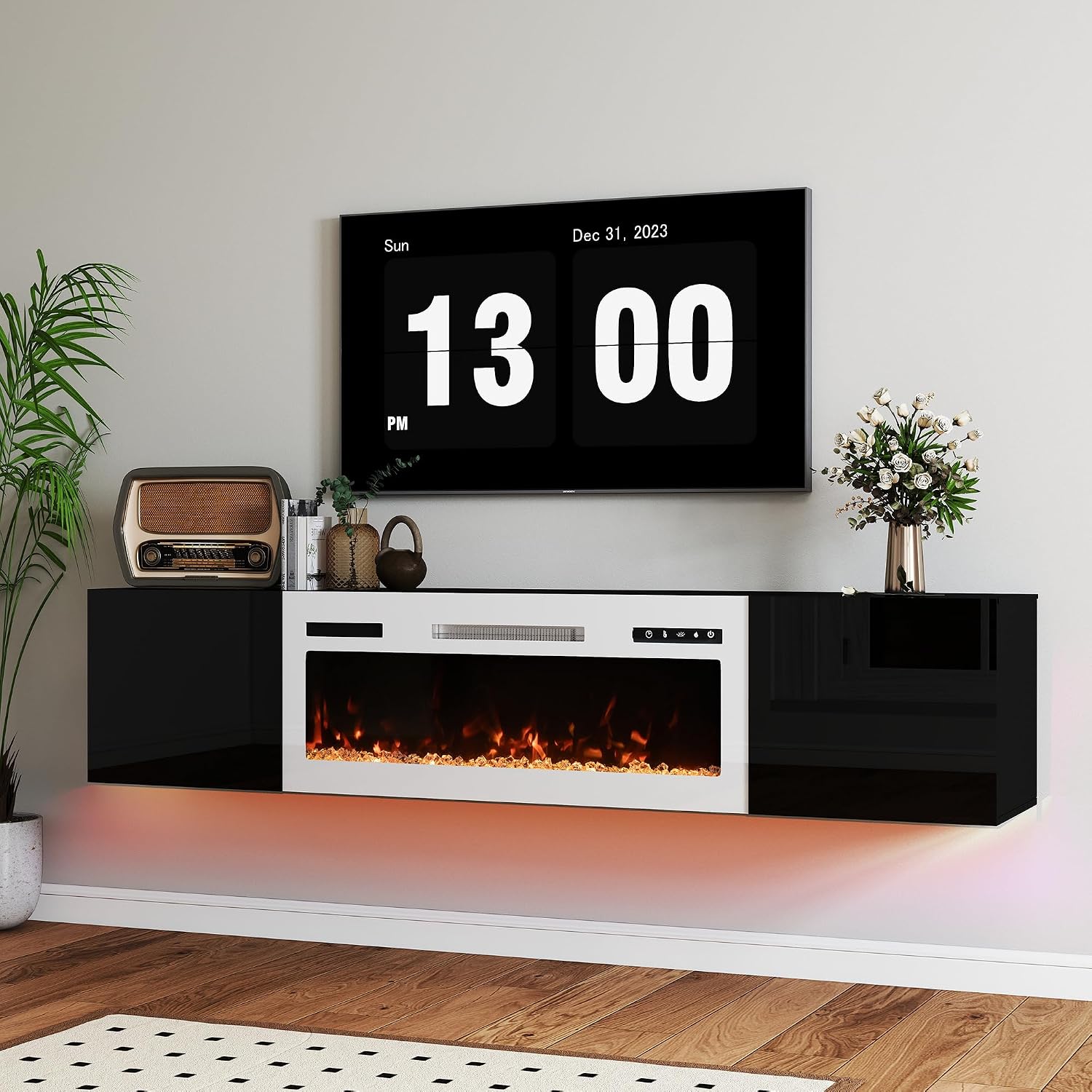 Real Relax 70' Floating TV Stand with 36' Electric Fireplace, Wall Mounted Entertainment Center with Storage, Remote Control, Modern LED Lights Fireplace TV Console for TVs Up to 80', Black/White