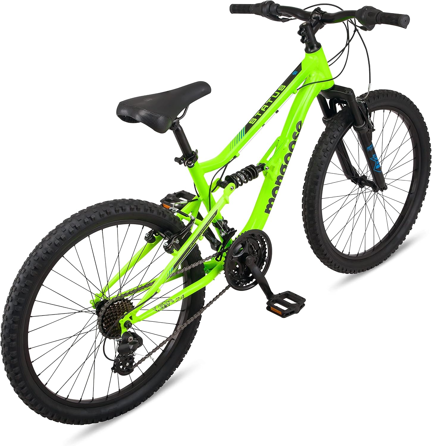 Mongoose Status Mountain Bike, 24 Inch Bike for Kids and Teens, 21 Speed, Aluminum Suspension Frame, Steel Rear Triangle, Suspension Fork, Knobby Mountain Tires, Linear Pull Brakes, For Boys and Girls