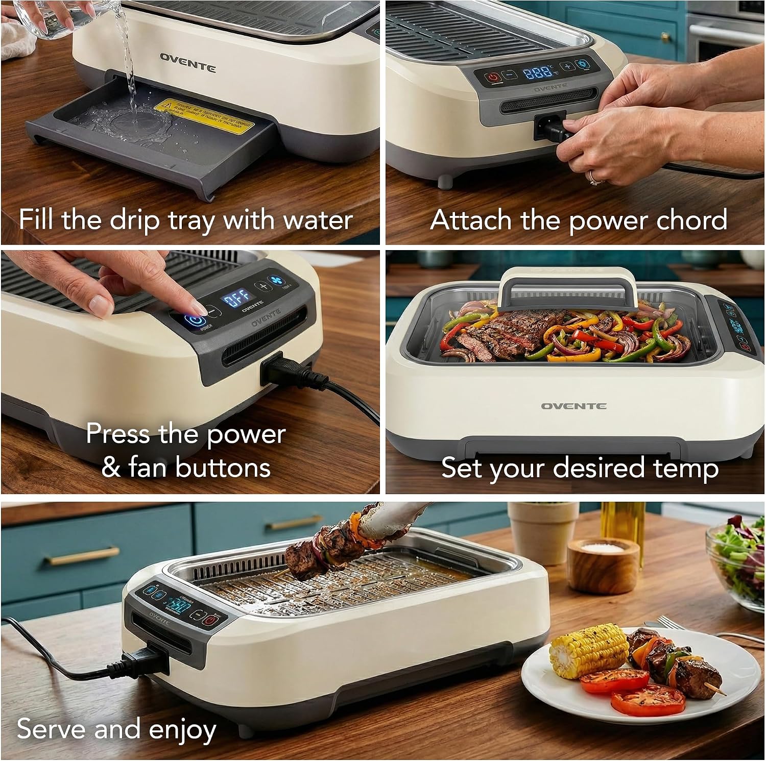 OVENTE Smokeless Indoor Grill, 1500W Electric Portable Korean BBQ Grill with One-Touch Control, LED Smart Display, Tempered Glass Lid, Two Removable Non-Stick and Dishwasher Safe Plates, White SGR85W