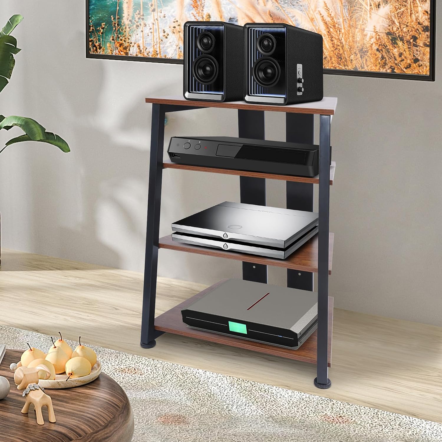 4-Tier AV Media Stand, Corner Shelf Stereo Audio Rack Stand with Adjustable Shelves, 110 lbs Total Capacity, Perfect for Home Theaters, Studios (Brown+Black)