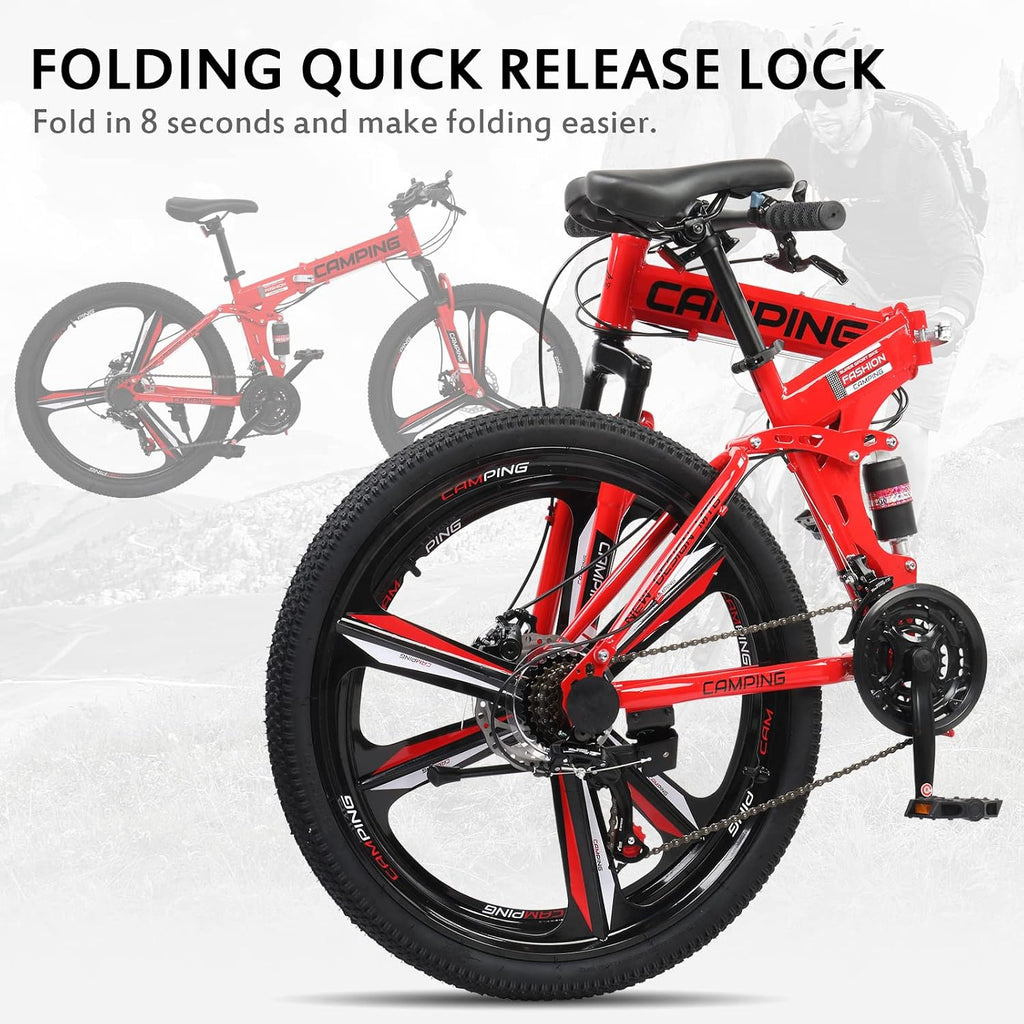 Ktaxon 26 Inch Folding Bike, 21 Speeds Foldable Bikes for Adults, Bicycle for Men & Women with Full-Suspension, Unique 3 Spoke Alloy Wheel, Dual Disc Brake, Quick Release and Adjustable Saddle