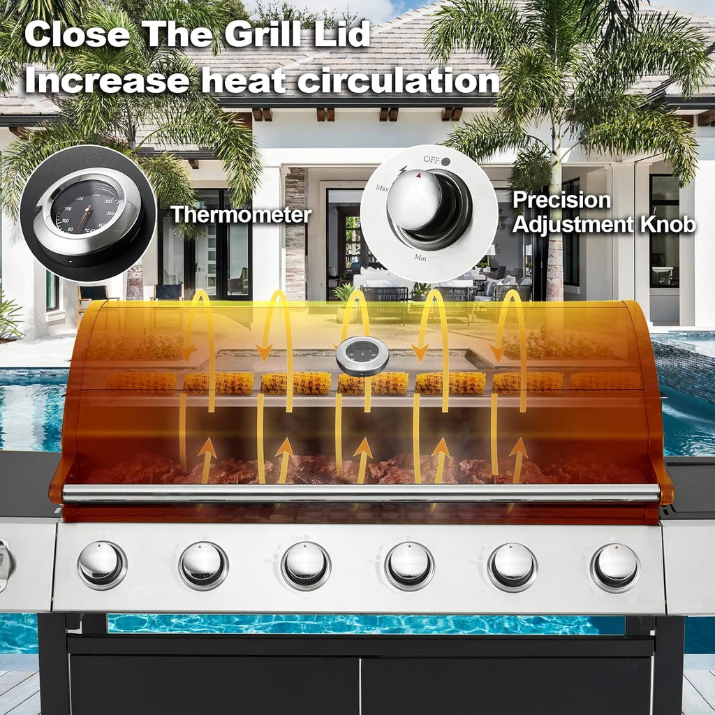 MELLCOM Upgraded 60,000 BTU Stainless Steel Burner Barbecue Grill, 6 Burner BBQ Propane Gas Grill with Side Stove & Cast Iron Grates for Patio, Camping, Outdoor Cooking