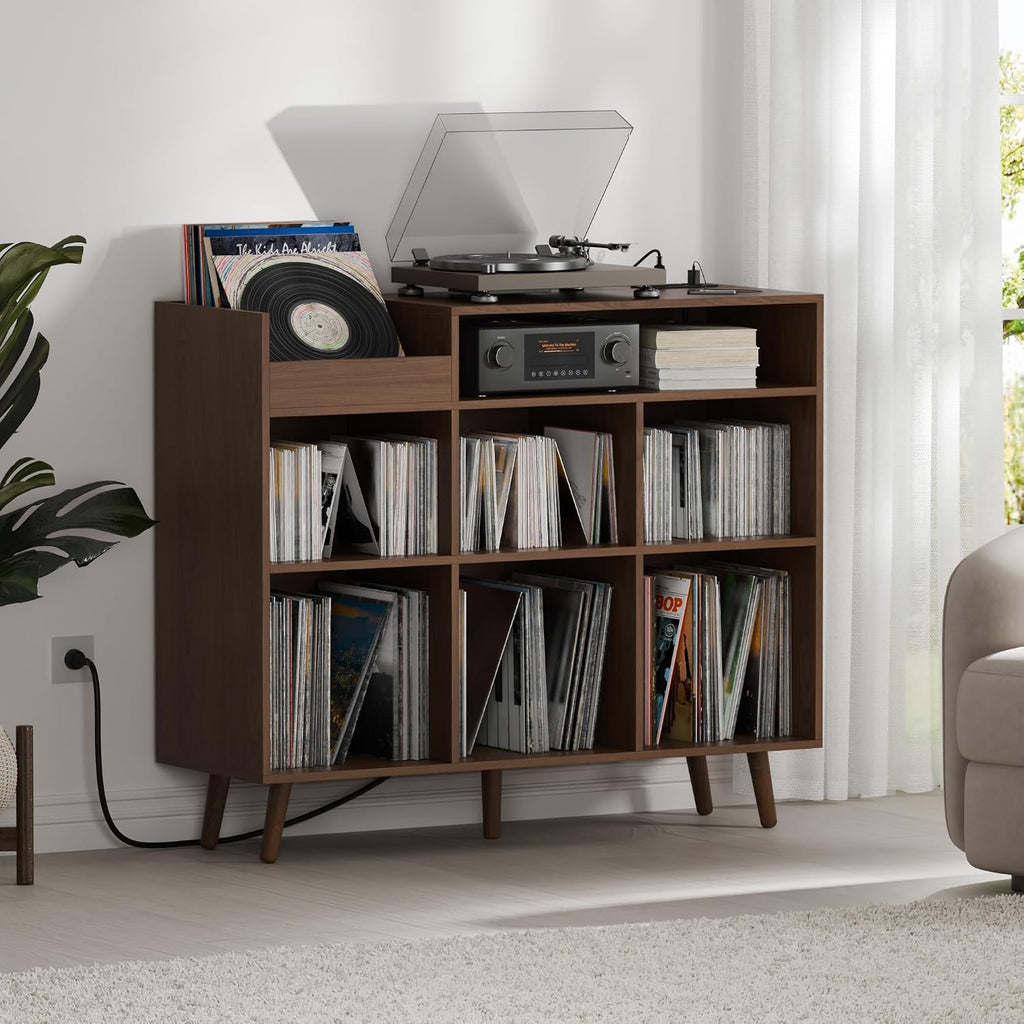 Cozy Castle Large Record Player Stand with Vinyl Storage Cabinet, Wood Turntable Table Open Shelf Holder Up to 500 Albums Cube Storage Organizer for Living Room, Office, Brown