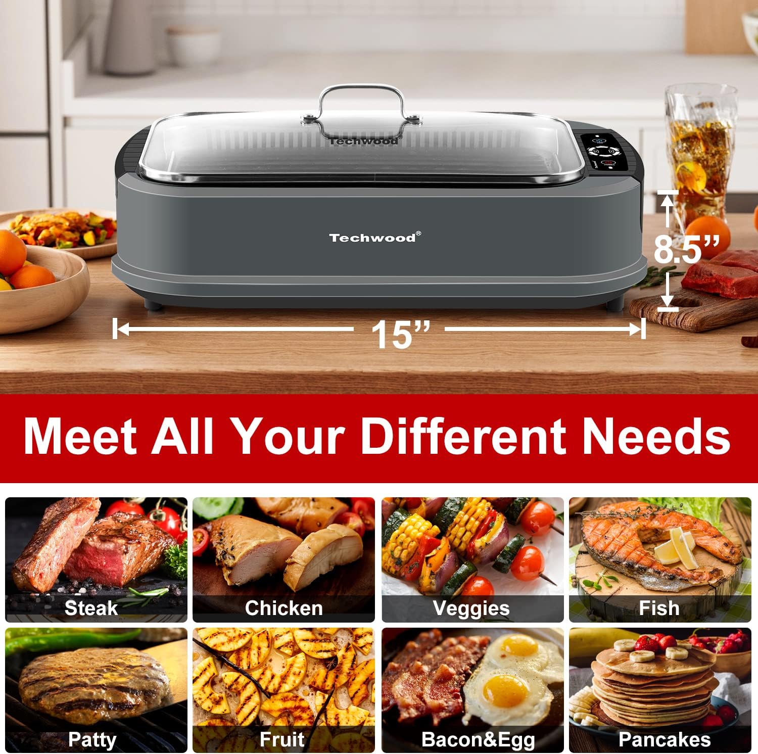 Techwood Indoor Grill Smokeless Grill, 1500W Indoor Korean BBQ Electric Tabletop Grill with Tempered Glass Lid, Removable Grill and Griddle Plates with Drip Tray, Gray