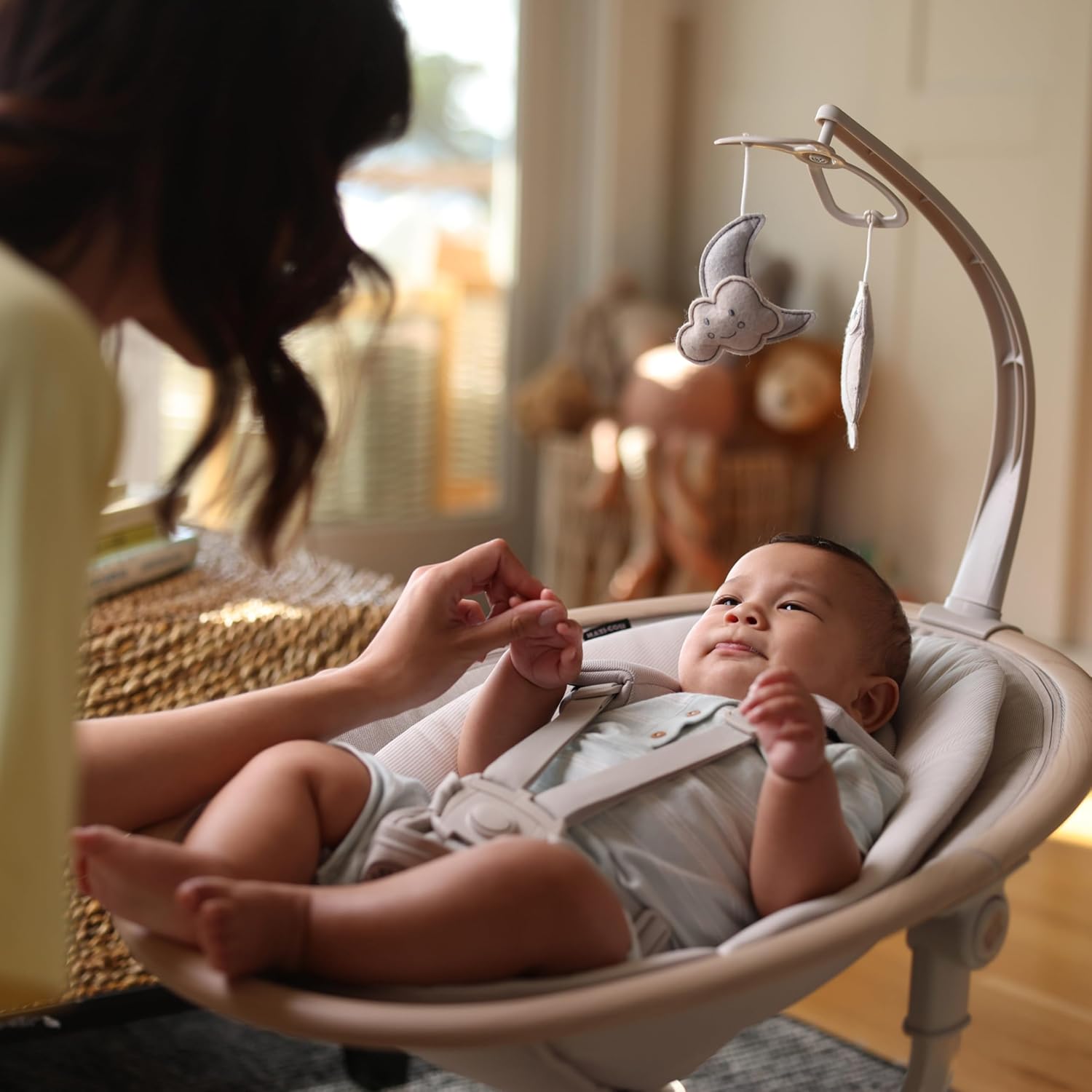 Maxi-Cosi Cassia Smart Baby Swing for Infants, Portable Foldable Swing with Music, 360 Rotation, 5 Speeds, 12 Melodies, EcoCare Fabric, Auto Motion Sensor, 2 Reclines, Truffle
