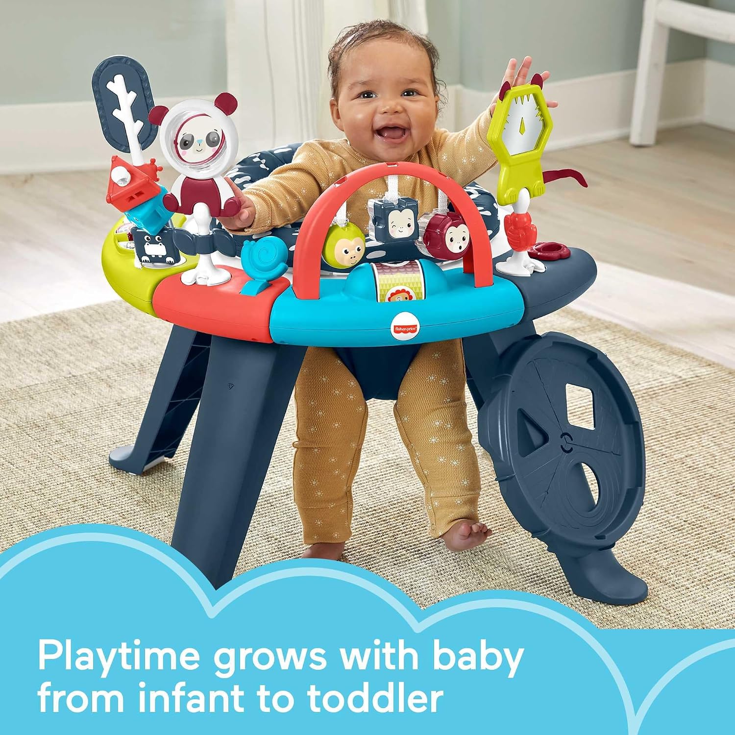 Fisher-Price 3-in-1 Spin & Sort Infant Activity Center and Toddler Play Table, Navy Dashes- Unisex