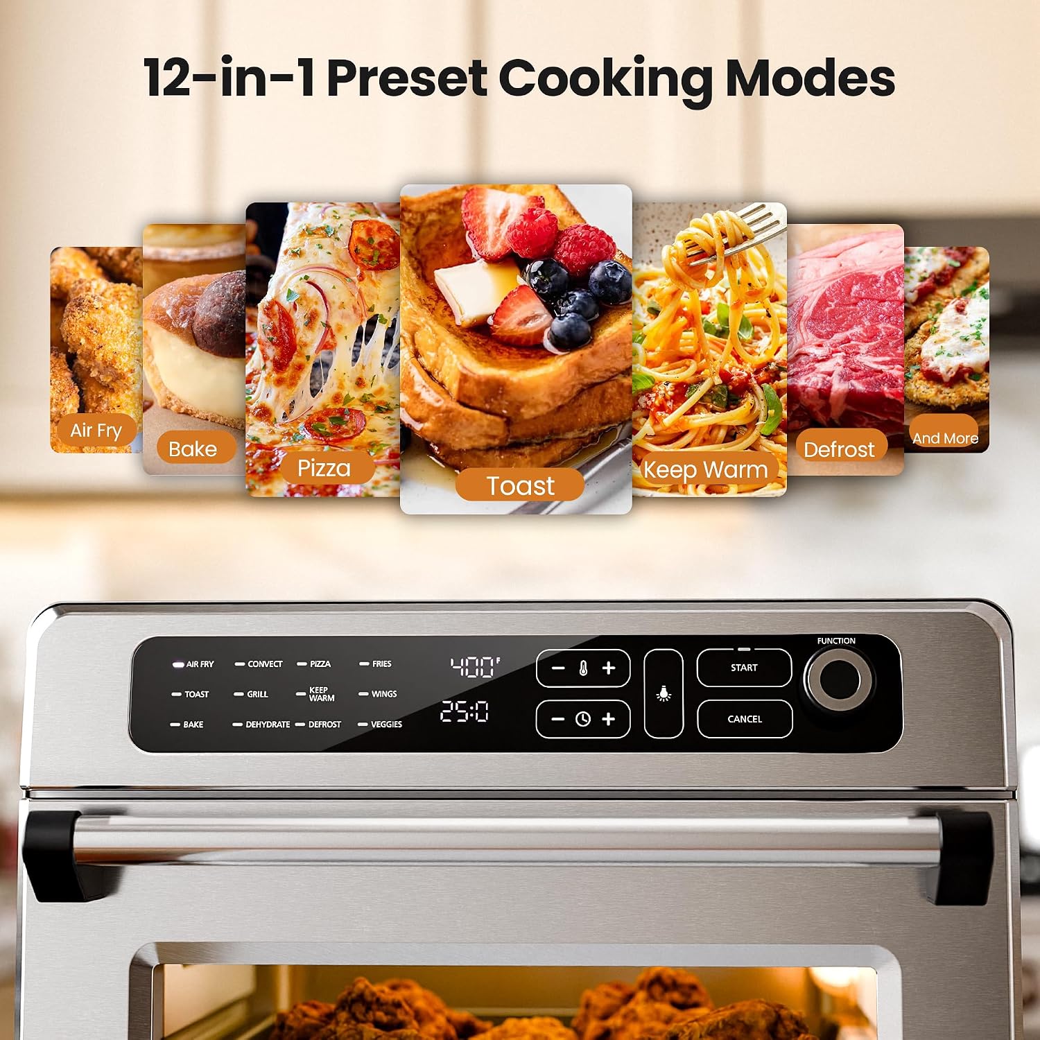 Kismile 25QT Air Fryer Toaster Oven Combo, 12-in-1 Large Countertop Convection Airfryer Oven, 70–450℉, Bake, Roast, Reheat, Broil, Fits 12″ Pizza, Includes Full Accessories, Stainless Steel(Silver)