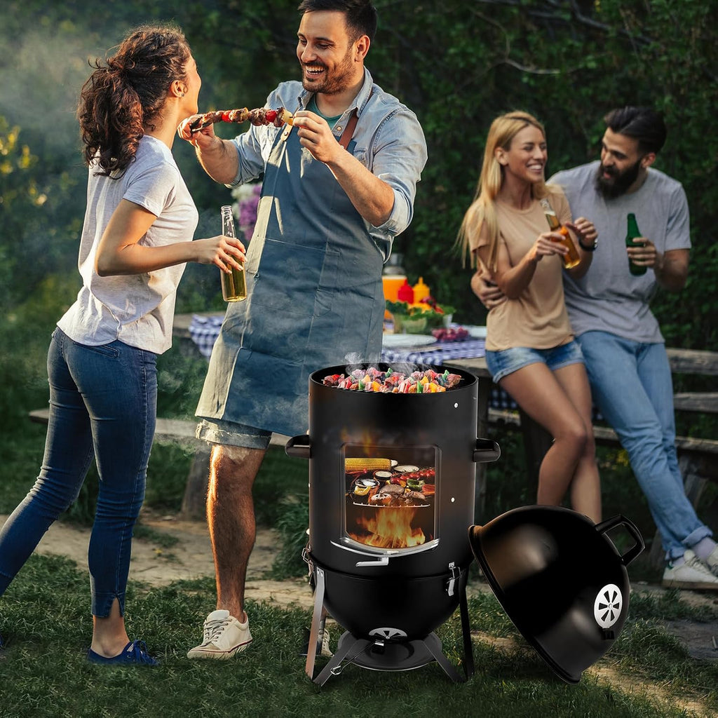 VINGLI 4-Tier 3-in-1 Vertical Charcoal Grill, 18.8 Charcoal Smoker with Built-in Thermometer, Air Vent and Access Doors, Perfect for Outdoor Cookings, Camping, Picnics, BBQs, and Tailgating Parties