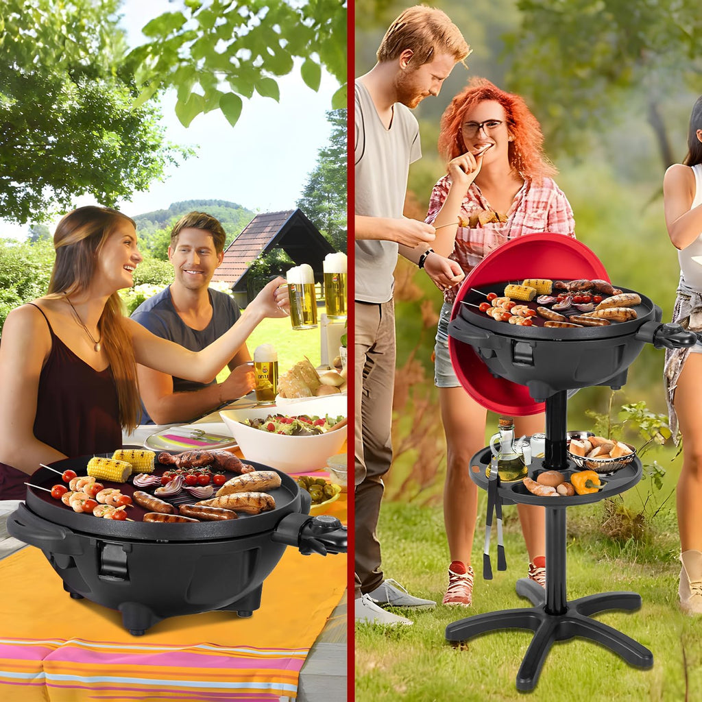 QPMR Electric Grill Outdoor/Indoor,Portable BBQ Grill with Nonstick Surface,200 Square Inches Indoor Electric Barburcue Grill with Adjustable Heat,Stand/Tabletop,for Patio/Yard/Home(Red)