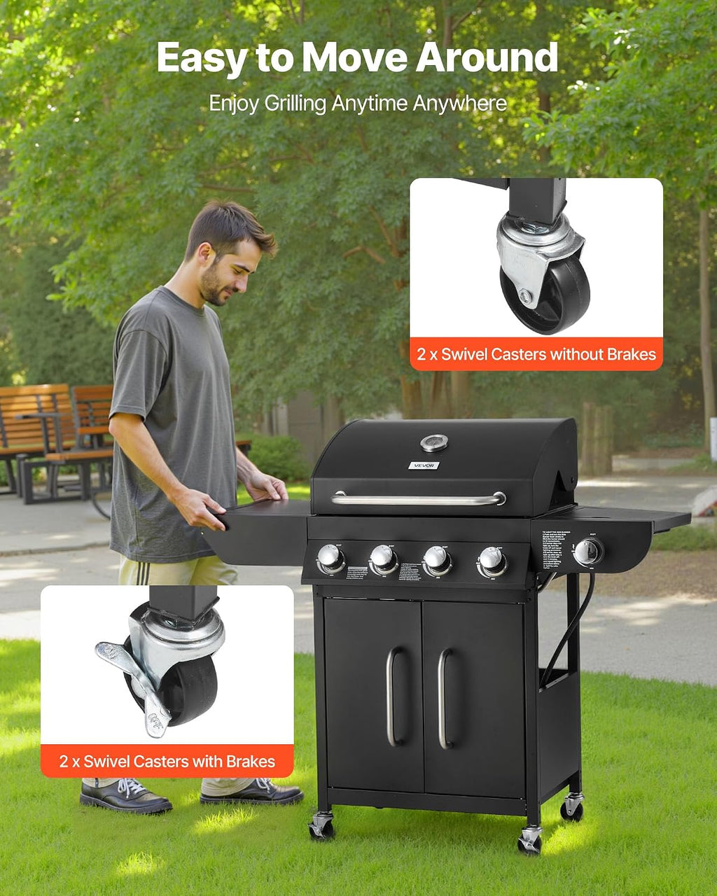 VEVOR Gas Grill, 4 Burner Propane Gas Grill with Side Burner, 425 SQ.In Grilling Area, Carbon Steel Enamel Grates, Outdoor 52,000 BTU Patio Garden BBQ Grills with Two Side Shelves, Carbon Steel