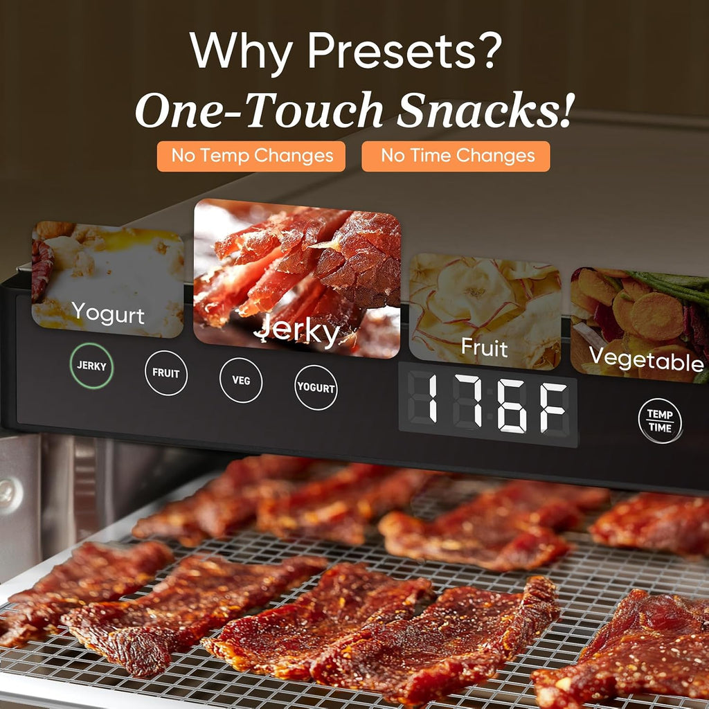 Cosori Food Dehydrator for Jerky, 176°F Temperature Control, 5 Stainless Steel Trays with 5.1 ft² Drying Space, 4 Presets, 48H Timer, for Dog Treats, Meat, Fruit, Veggies, Snacks, Bright-Silver