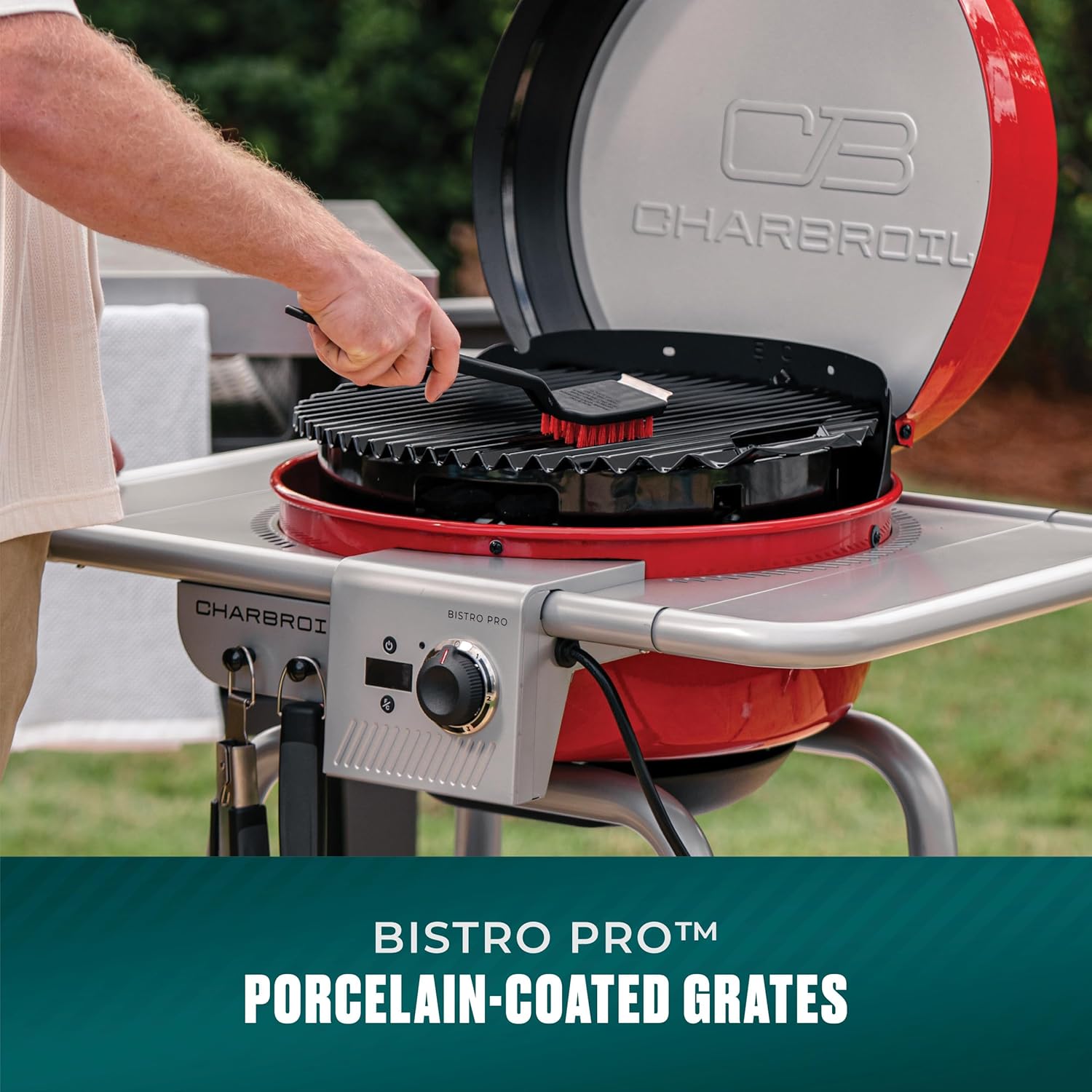 Charbroil 3-in-1 Dual Fuel Outdoor Bistro Pro Electric Grill & Griddle + Charcoal Mode BBQ, Red - 25302146