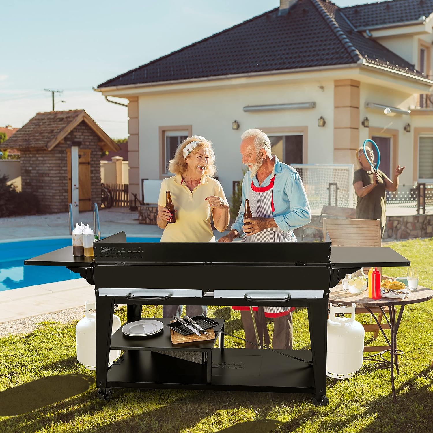 Royal Gourmet GB8003 8-Burner Propane Gas Grill with Foldable Side Tables, Large Propane BBQ Grill with Porcelain-Enameled Steel Wire Grates for Outdoor Party or Backyard Grilling, Black