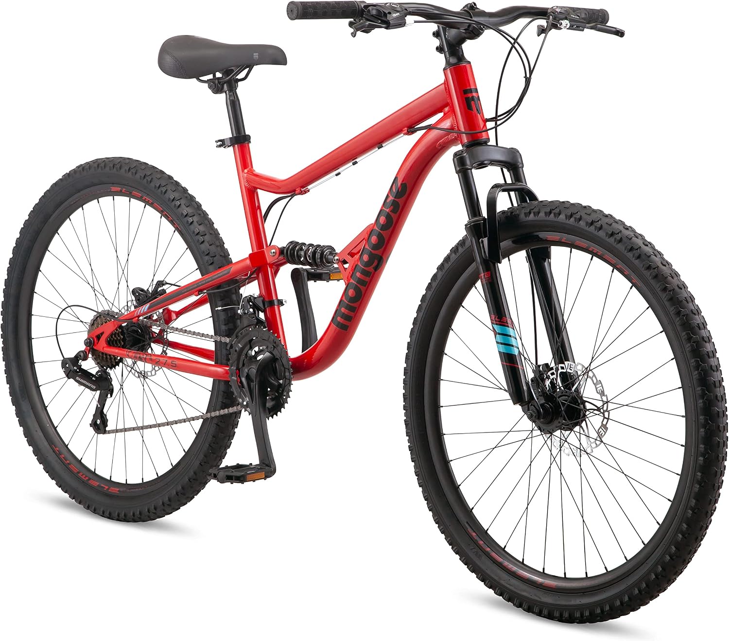 Mongoose Status Mountain Bike, 27.5 Inch Bike for Men and Women, 21 Speed, Aluminum Suspension Frame, Steel Rear Triangle, Dual Suspension, Knobby Mountain Tires, Mechanical Disc Brakes, Adult Bicycle